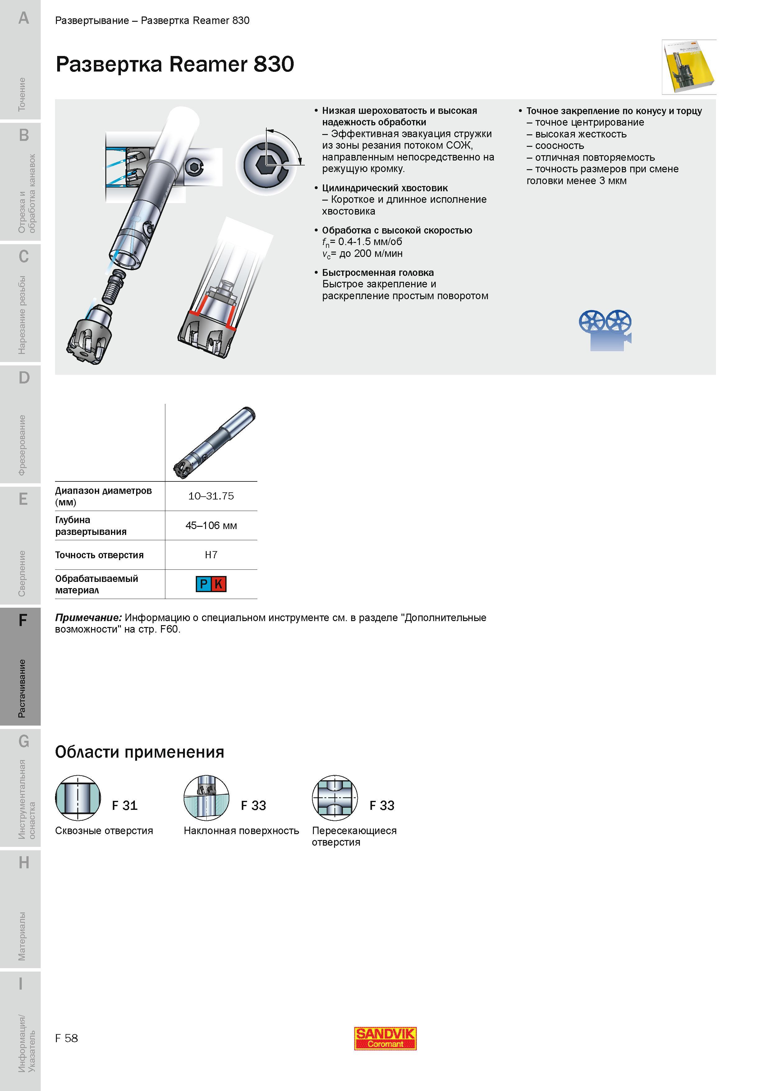 605 Развертка Sandvik Coromant Reamer 830 Низкая шероховатость и высокая надежность обработки Эффективная эвакуация стружки из зоны резания потоком СОЖ Руководство SANDVIK COROMANT 2010 по металлообработке Точение Отрезка Обработка канавок Резьбонарезание Фрезерование Сверление Растачивание Инструментальная оснастка Стр. F58