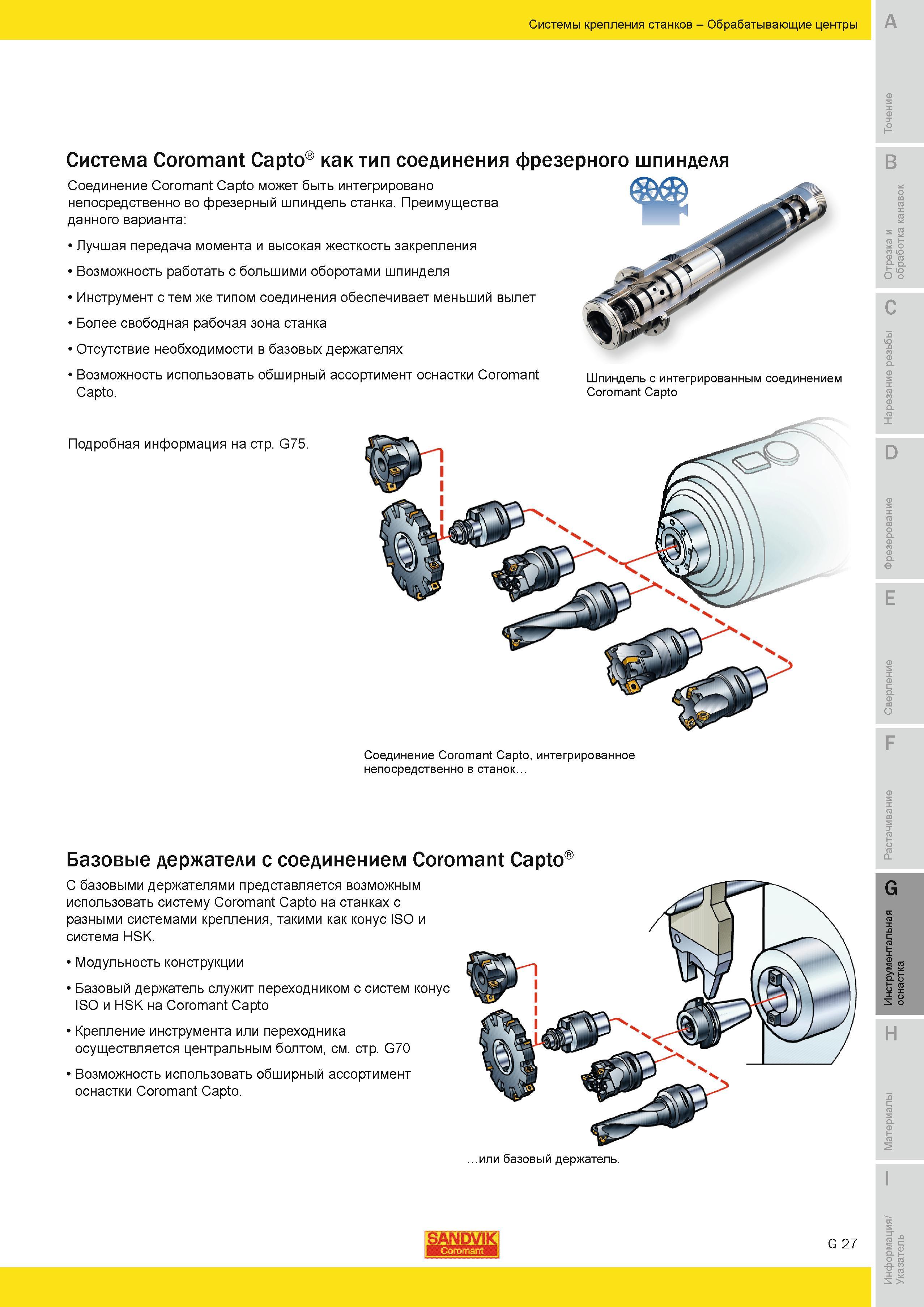 636 С базовыми инструментальными держателями представляется возможным использовать систему Sandvik Coromant Capto на станках с разными системами крепле Руководство SANDVIK COROMANT 2010 по металлообработке Точение Отрезка Обработка канавок Резьбонарезание Фрезерование Сверление Растачивание Инструментальная оснастка Стр. G27