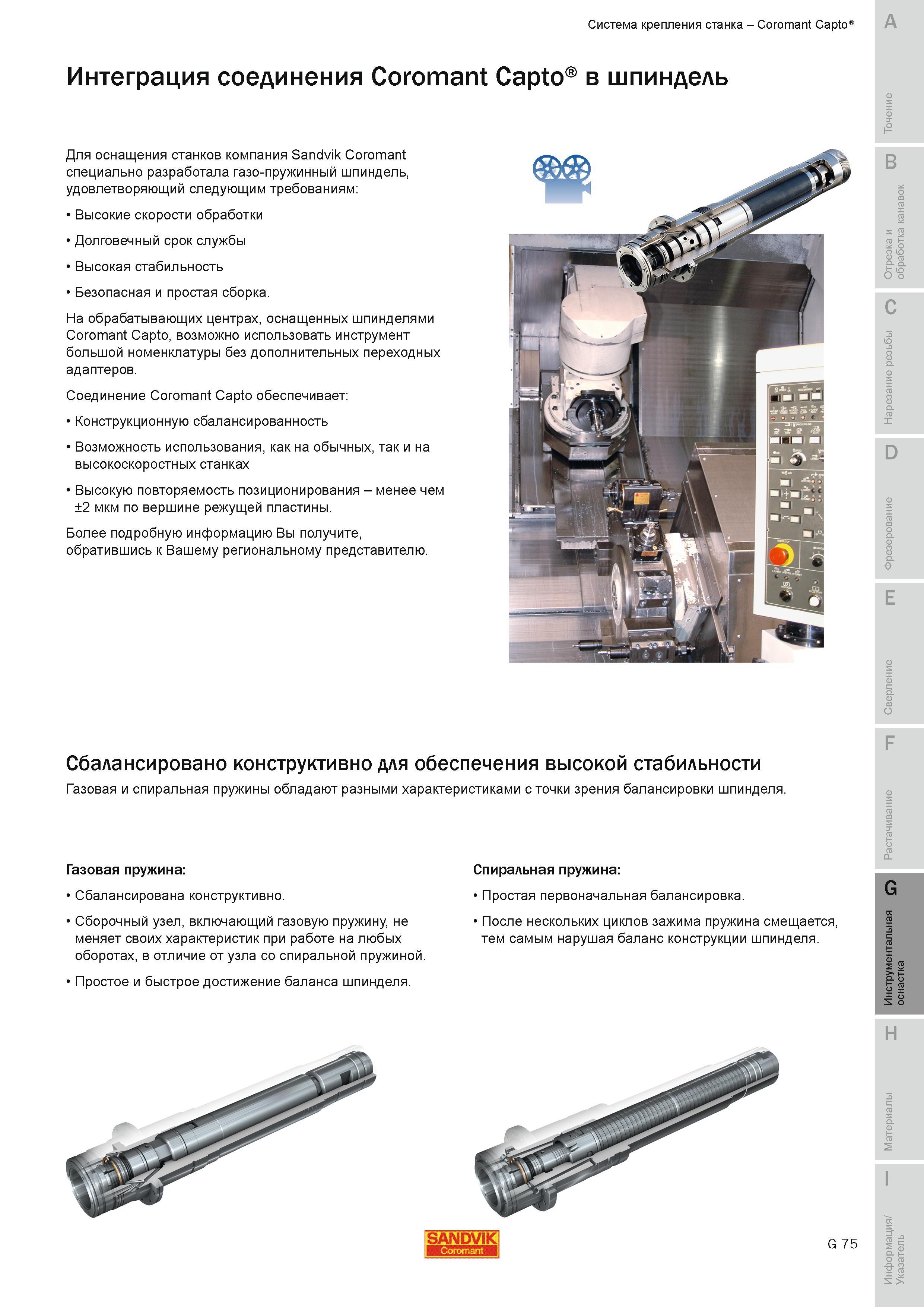 684 Интеграция соединения Sandvik Coromant Capto в шпиндель Для оснащения станков компания Sandvik Coromant специально разработала газо-пружинный шпинд Руководство SANDVIK COROMANT 2010 по металлообработке Точение Отрезка Обработка канавок Резьбонарезание Фрезерование Сверление Растачивание Инструментальная оснастка Стр. G75