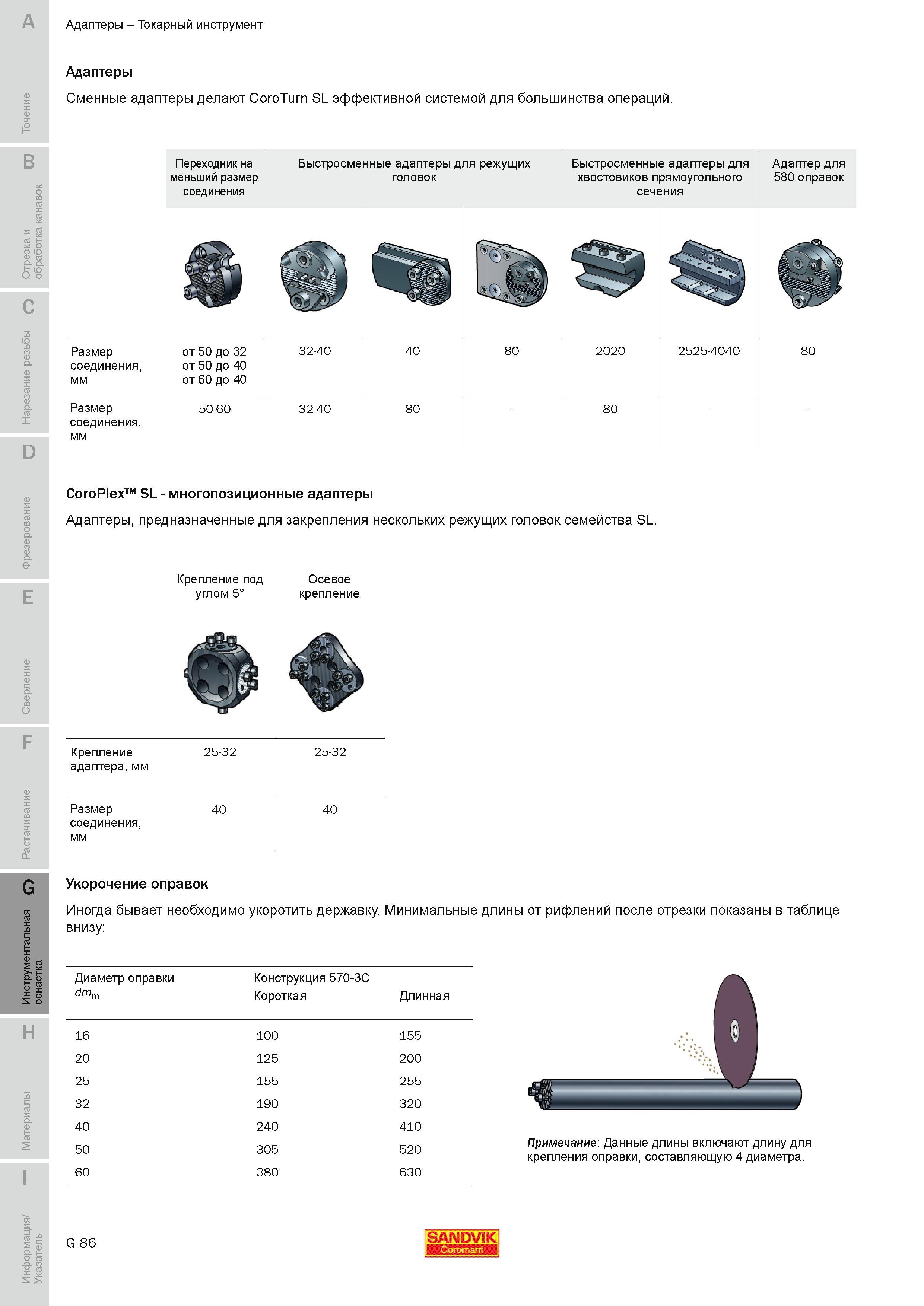 695 Сменные адаптеры делают Sandvik CoroTurn SL эффективной системой для большинства операций Переходник на меньший размер соединения Быстросменные ада Руководство SANDVIK COROMANT 2010 по металлообработке Точение Отрезка Обработка канавок Резьбонарезание Фрезерование Сверление Растачивание Инструментальная оснастка Стр. G86
