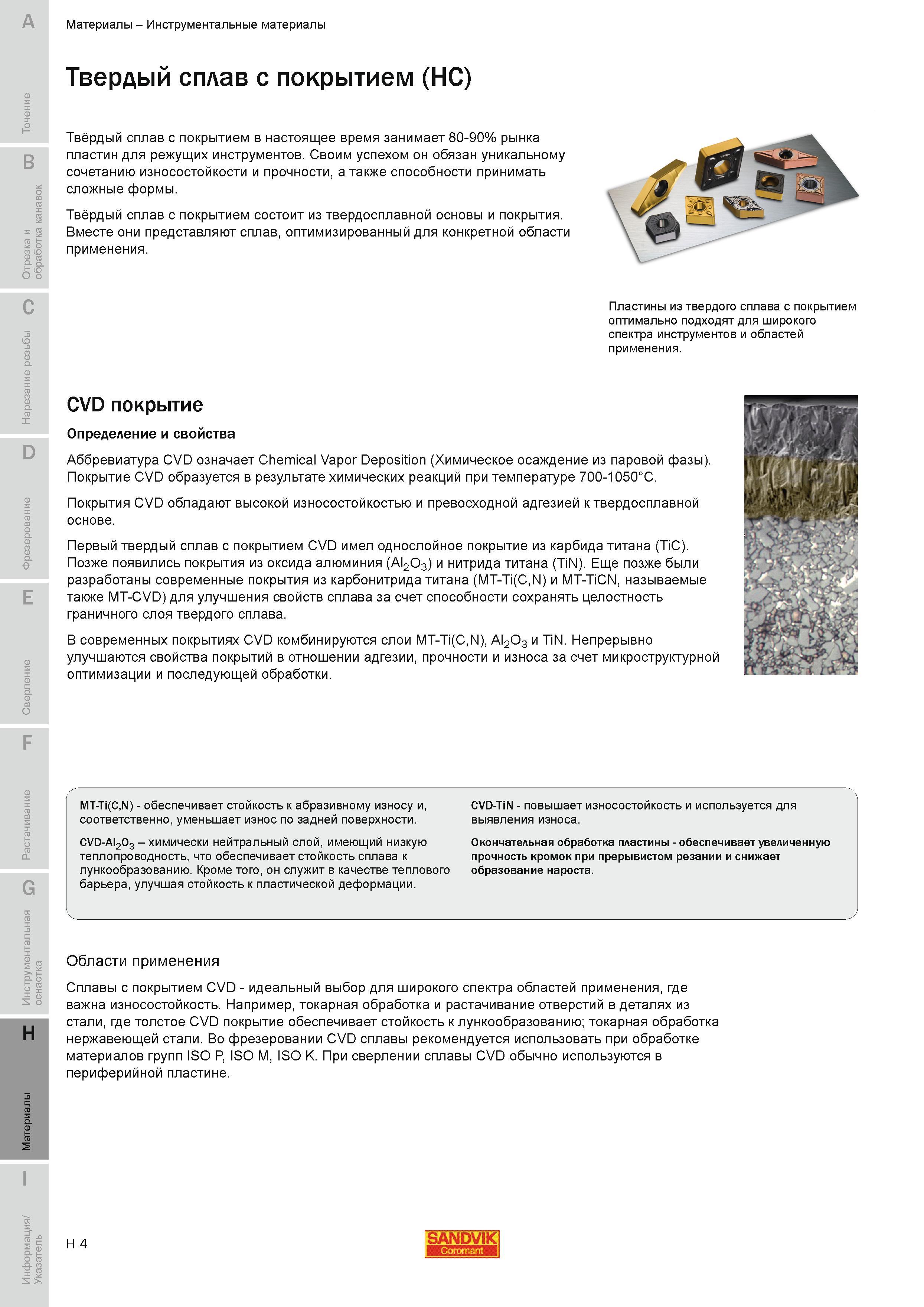 735 Изностойкое покрытие CVD для режущего инструмента Определение и свойства Химическое осаждение из паровой фазы Chemical Vapor Deposition Руководство SANDVIK COROMANT 2010 по металлообработке Точение Отрезка Обработка канавок Резьбонарезание Фрезерование Сверление Растачивание Инструментальная оснастка Стр. H4