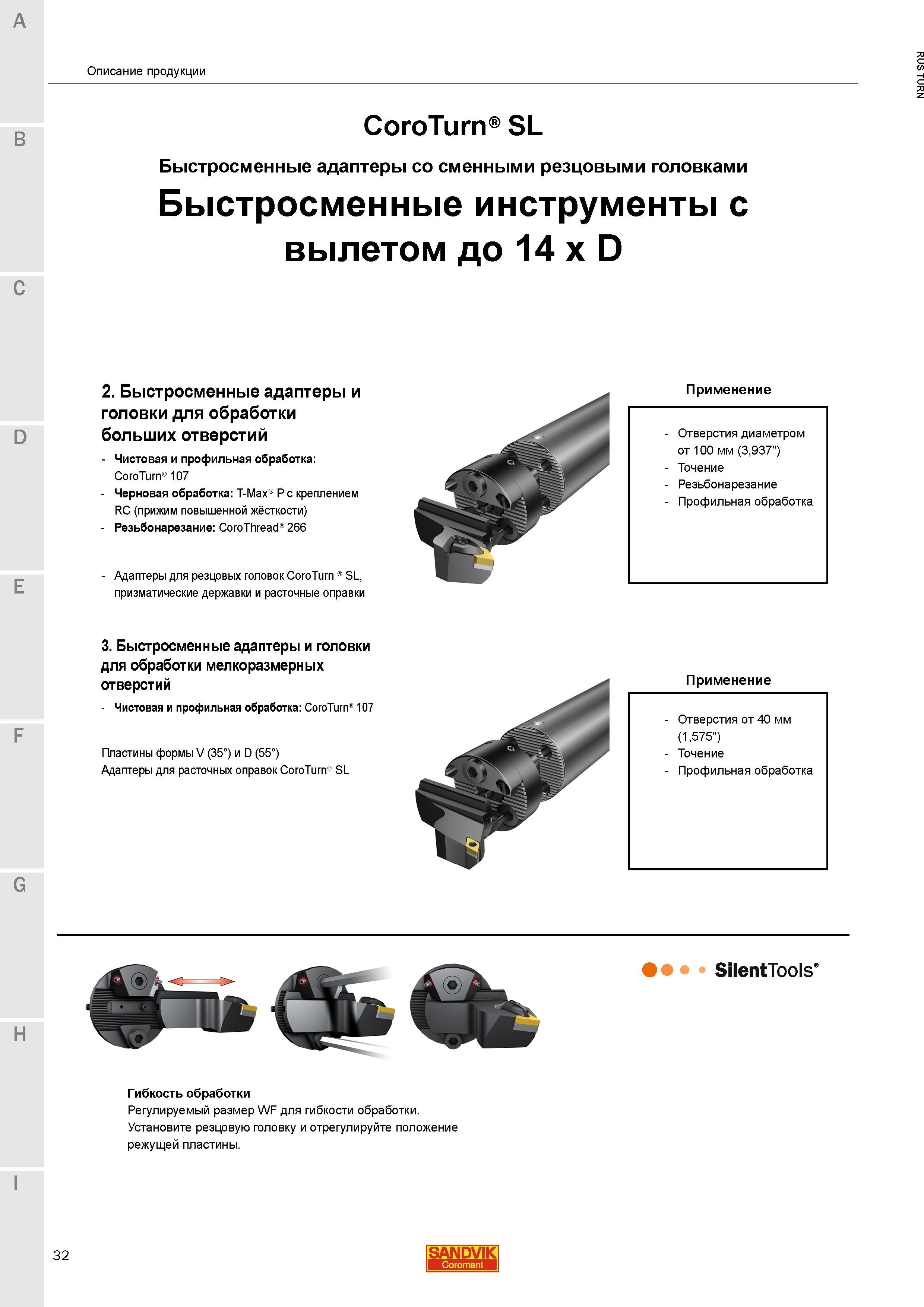 34 Металлорежущий модульный токарный инструмент из Швеции Быстросменные адаптеры Sandvik CoroTurn SL со сменными резцовыми головками Чистовая и проф Каталог SANDVIK COROMANT 2015 Инструмент и инструментальная оснастка для токарной обработки на станках Стр. 32