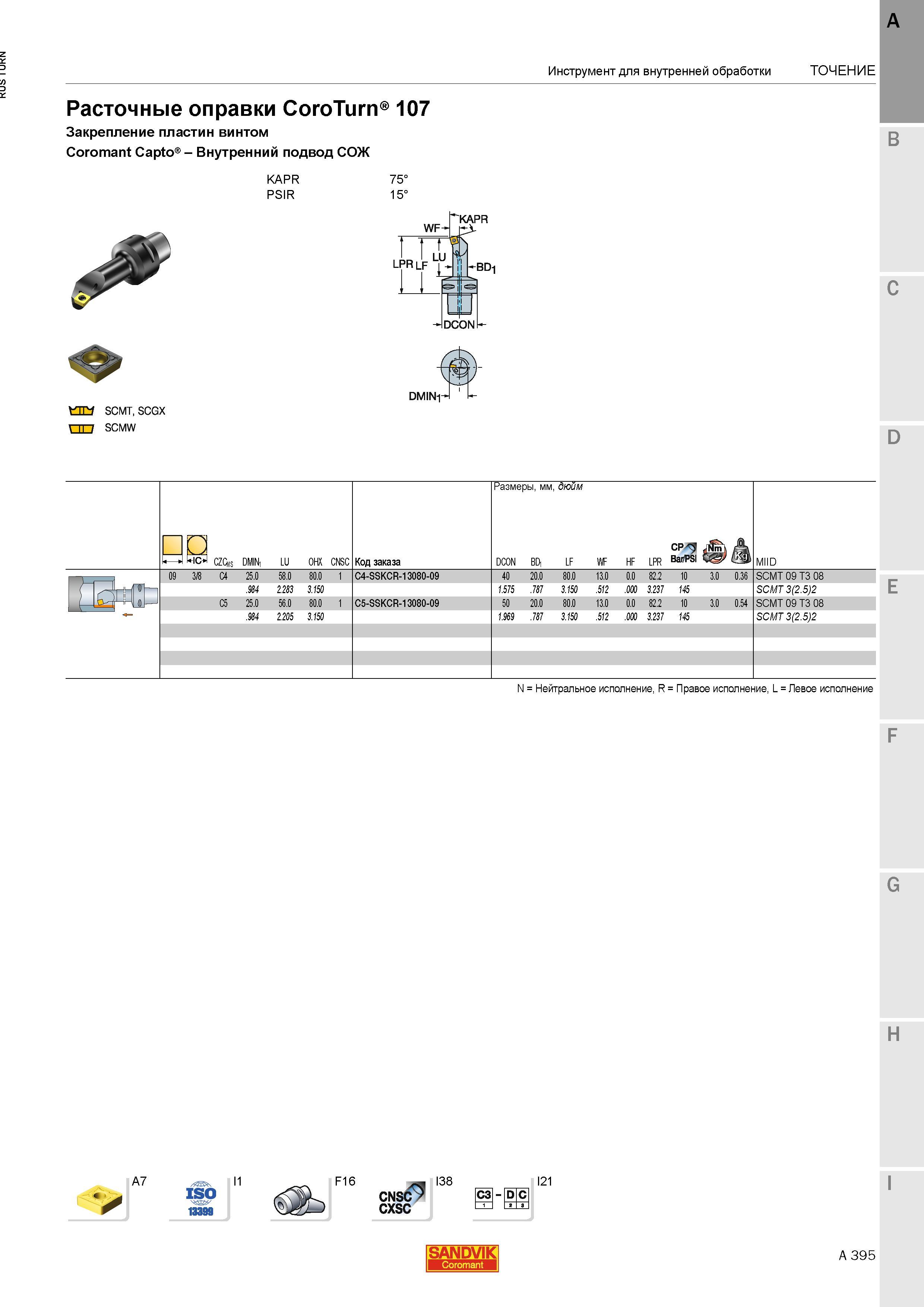 437 Расточные оправки Sandvik CoroTurn 107 Закрепление пластин винтом Coromant Capto Внутренний подвод СОЖ KAPR PSIR SCMT SCGX ПО SCMW 75 15 Инструме Каталог SANDVIK COROMANT 2015 Инструмент и инструментальная оснастка для токарной обработки на станках Стр. A395
