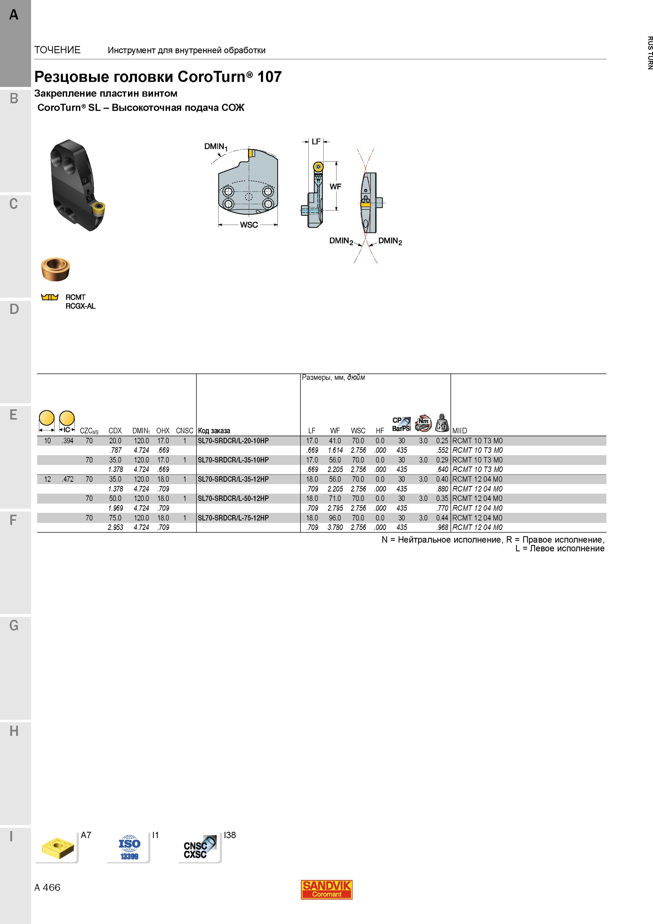 508 Резцовые головки Sandvik CoroTurn 107 Закрепление пластин винтом CoroTurn SL Высокоточная подача СОЖ Точение Инструмент для внутренней обработки Каталог SANDVIK COROMANT 2015 Инструмент и инструментальная оснастка для токарной обработки на станках Стр. A466