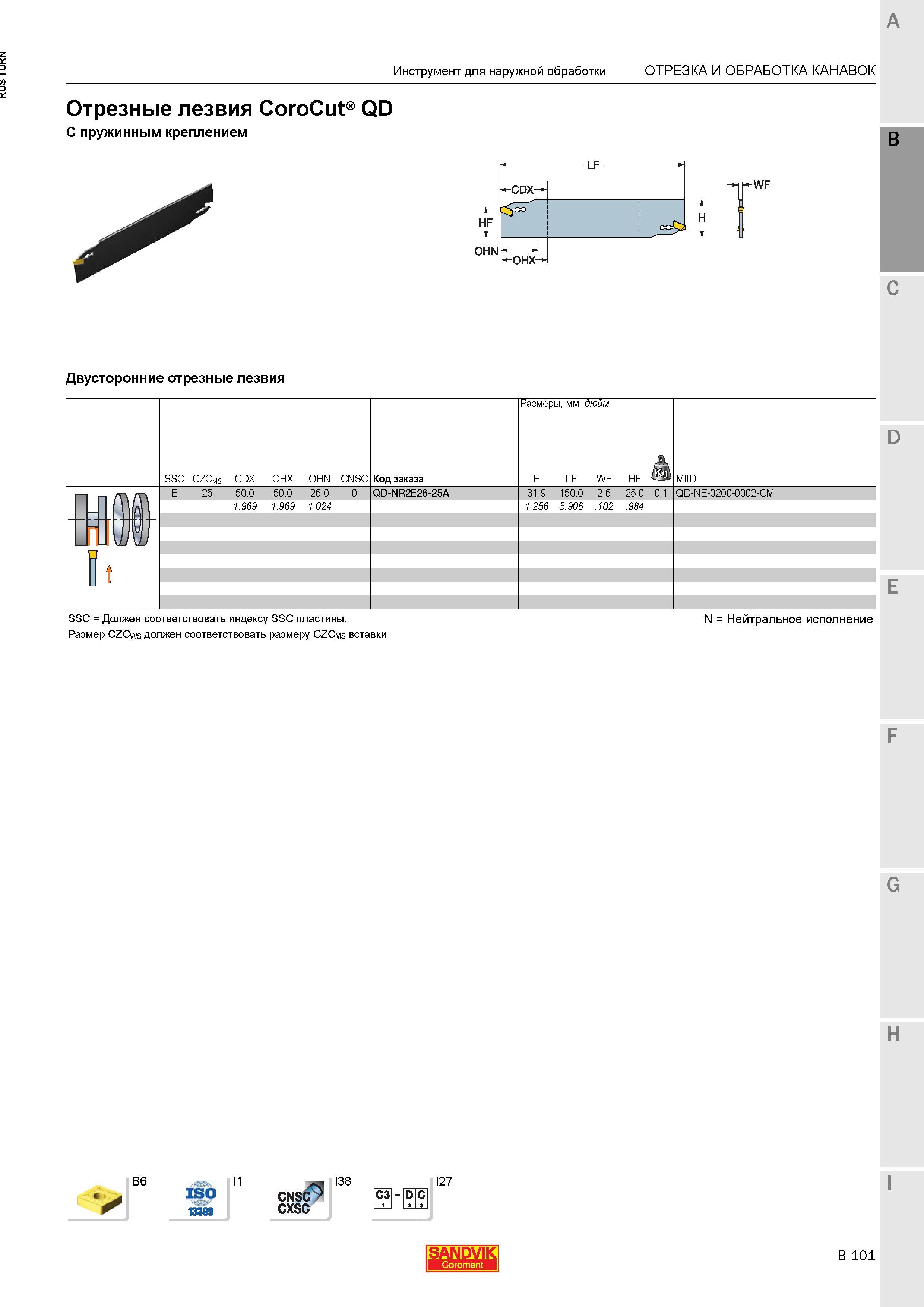 739 Двусторонние отрезные лезвия Sandvik CoroCut QD С пружинным креплением OHN LF CDX HF U-OHX- -WF SSC CZCms CDX OHX OHN CNSC Код заказа Размеры мм Каталог SANDVIK COROMANT 2015 Инструмент и инструментальная оснастка для токарной обработки на станках Стр. B101