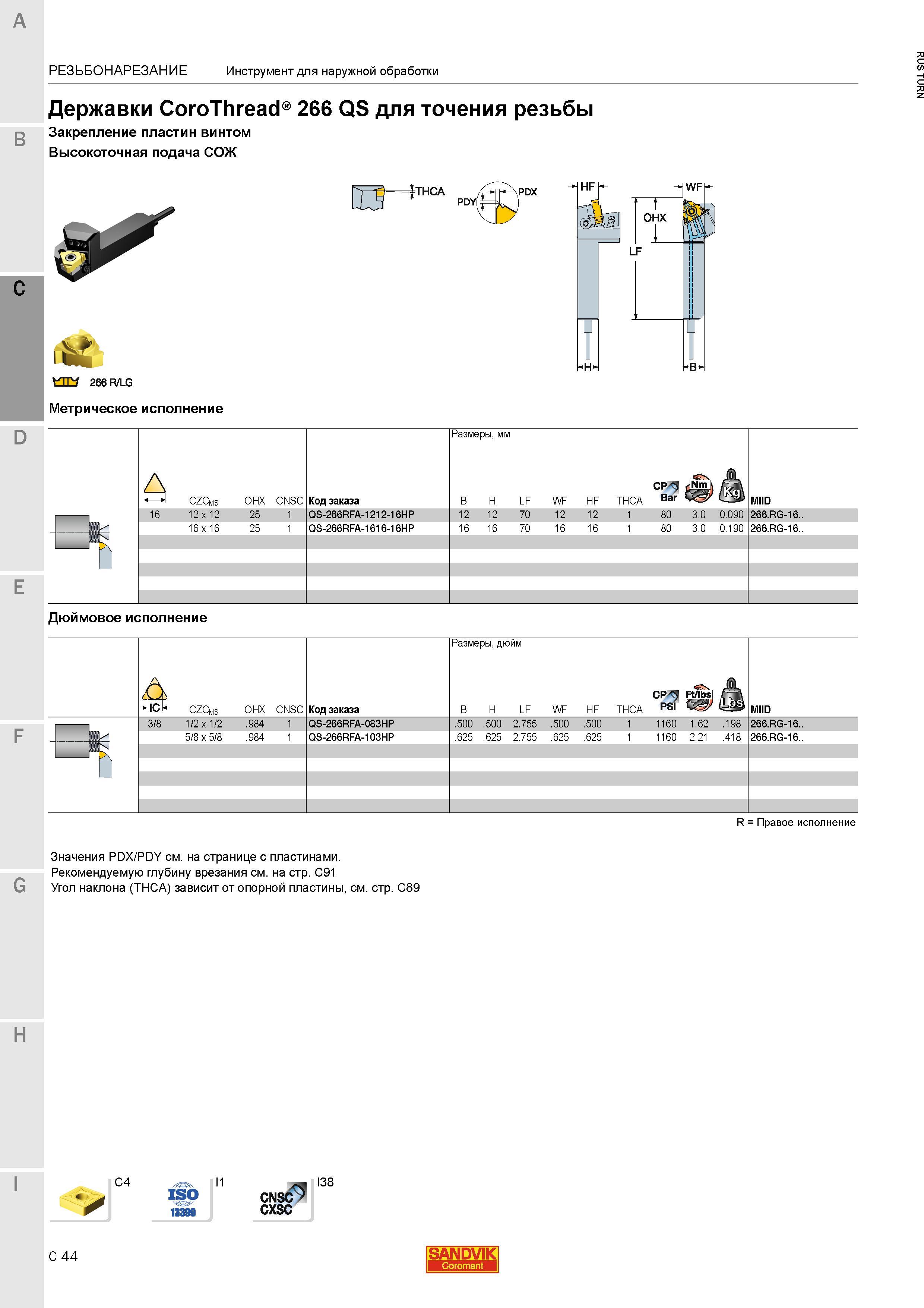 878 Державки Sandvik Coromant CoroThread 266 QS для точения резьбы Закрепление пластин винтом Высокоточная подача СОЖ Резьбонарезной инструмент Инстр Каталог SANDVIK COROMANT 2015 Инструмент и инструментальная оснастка для токарной обработки на станках Стр. C44