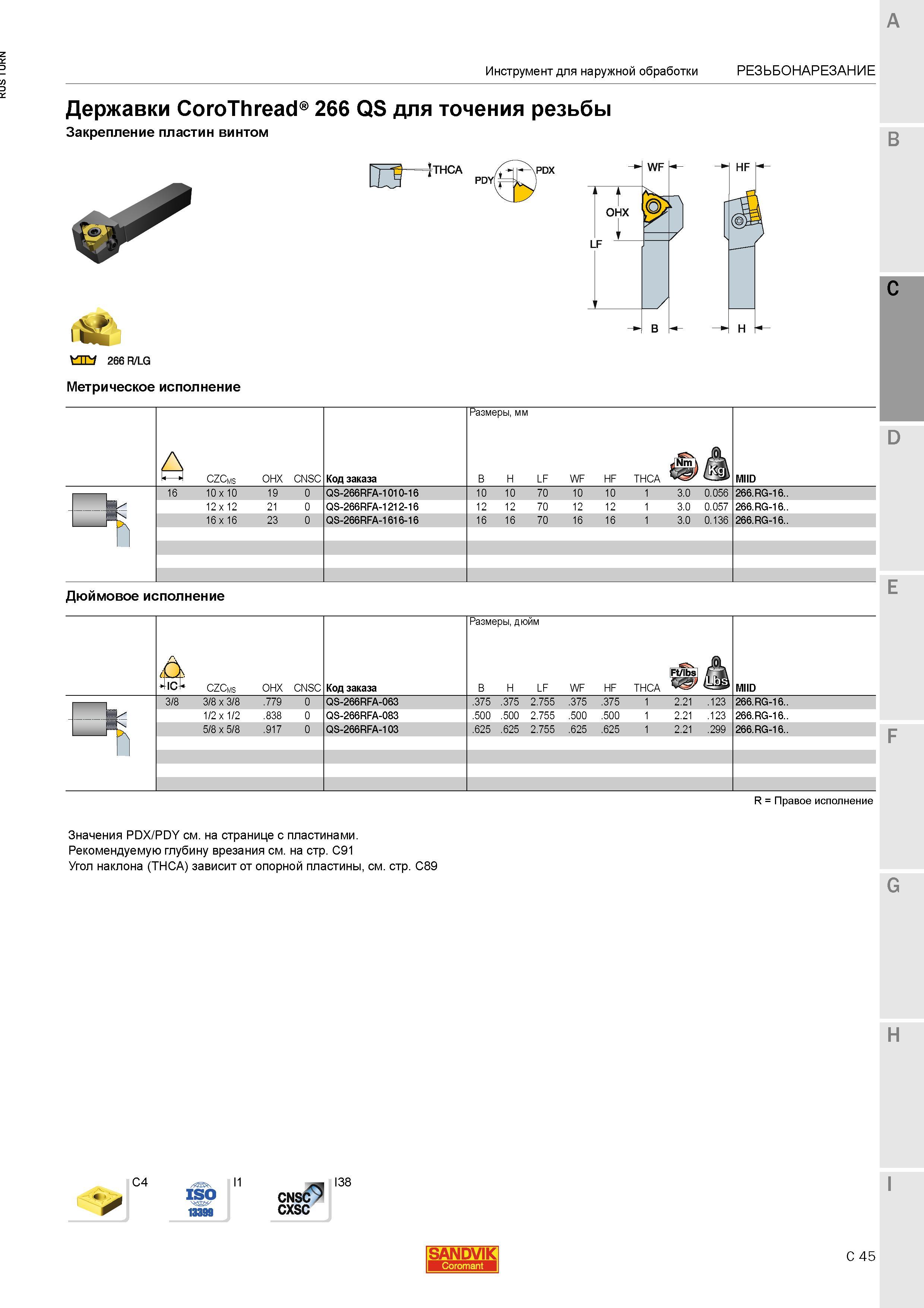 879 Резьбонарезные токарные сборные державки Sandvik Coromant CoroThread 266 QS для точения наружной резьбы многогранными резьбовыми пластинами из тв Каталог SANDVIK COROMANT 2015 Инструмент и инструментальная оснастка для токарной обработки на станках Стр. C45
