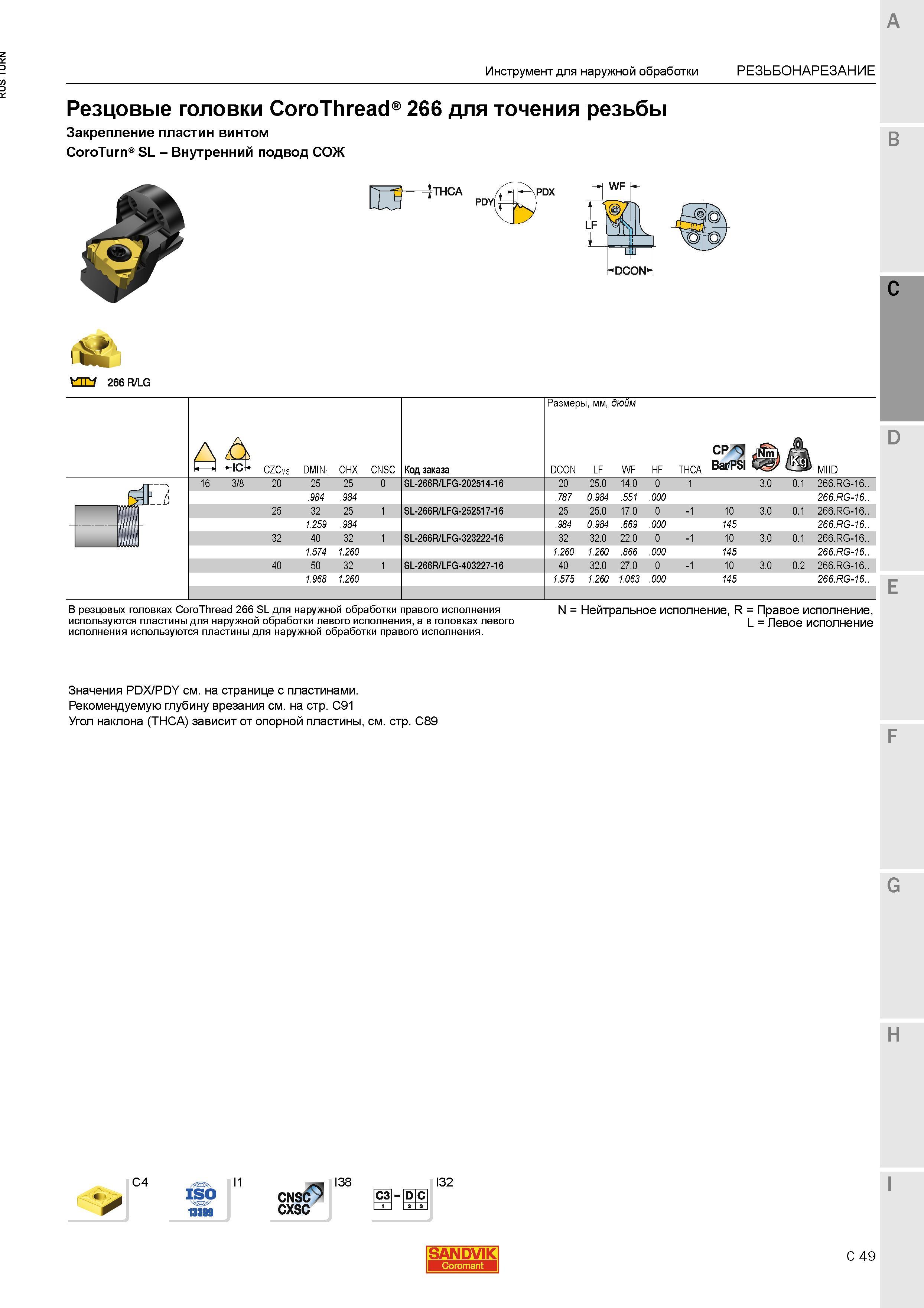 883 Модульные резцовые головки Sandvik CoroThread 266 CoroTurn SL для точения резьбы Закрепление пластин многогранных резьбовых режущих пластин винто Каталог SANDVIK COROMANT 2015 Инструмент и инструментальная оснастка для токарной обработки на станках Стр. C49