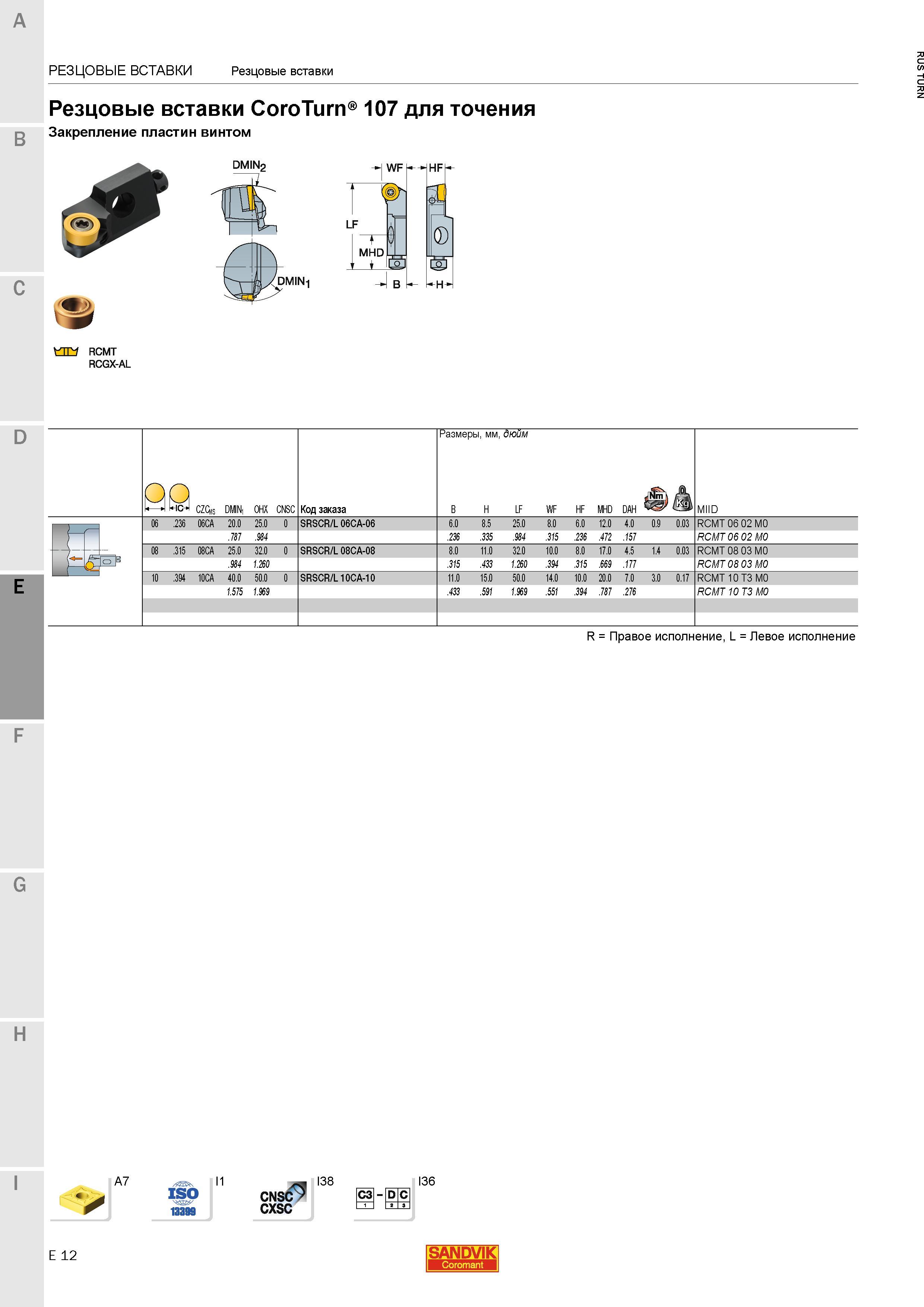 958 Резцовые вставки Sandvik Coromant CoroTurn 107 для точения Закрепление пластин винтом R Правое исполнение L Левое исполнение dmin2 RCMT RCGX-AL D Каталог SANDVIK COROMANT 2015 Инструмент и инструментальная оснастка для токарной обработки на станках Стр. E12