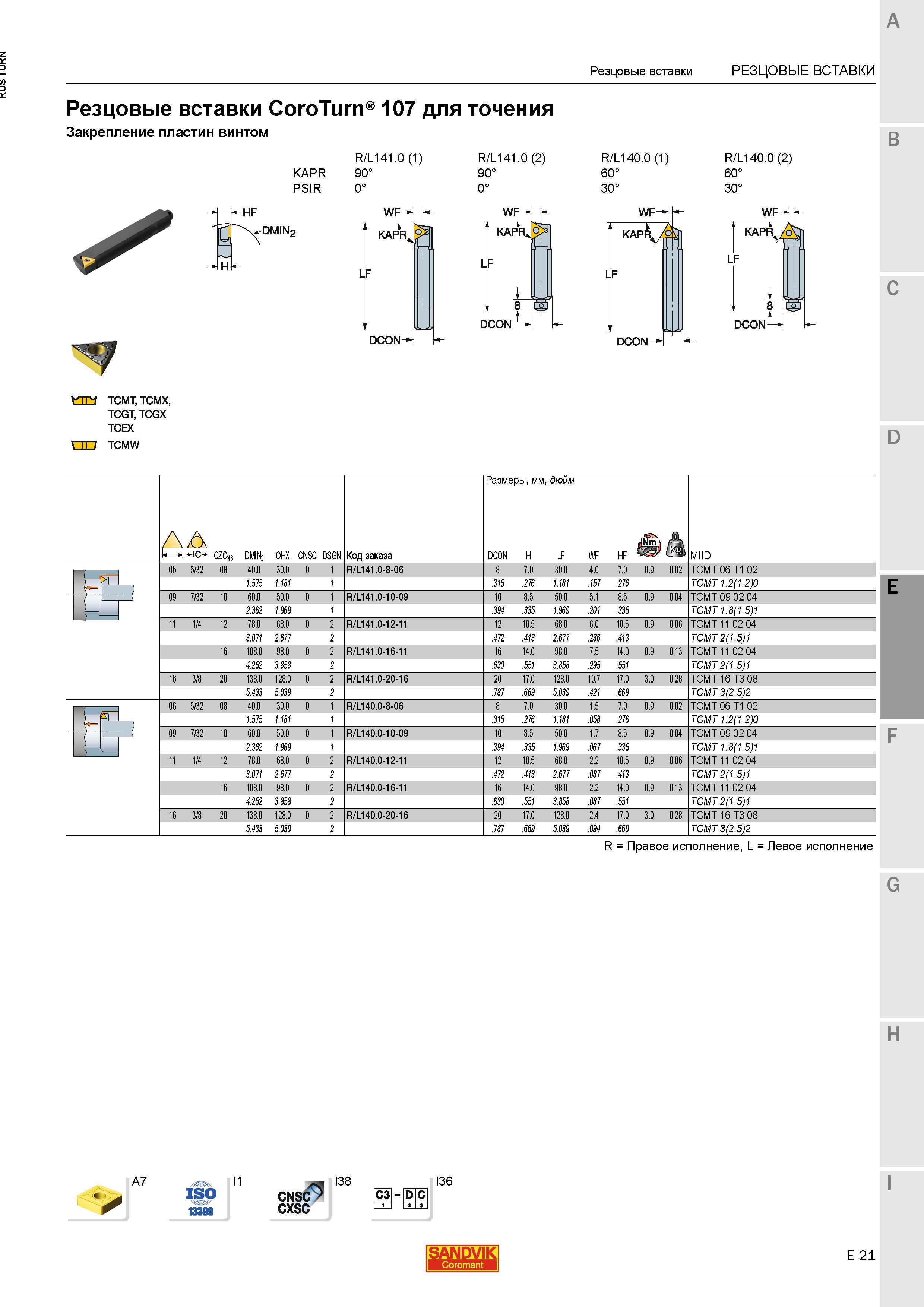 967 CoroTurn 107 Резцовые вставки Sandvik для точения Закрепление пластин винтом R/L141 0 (1) KAPR 90 PSIR 0 dmin2 WF- R Правое исполнение L Левое ис Каталог SANDVIK COROMANT 2015 Инструмент и инструментальная оснастка для токарной обработки на станках Стр. E21