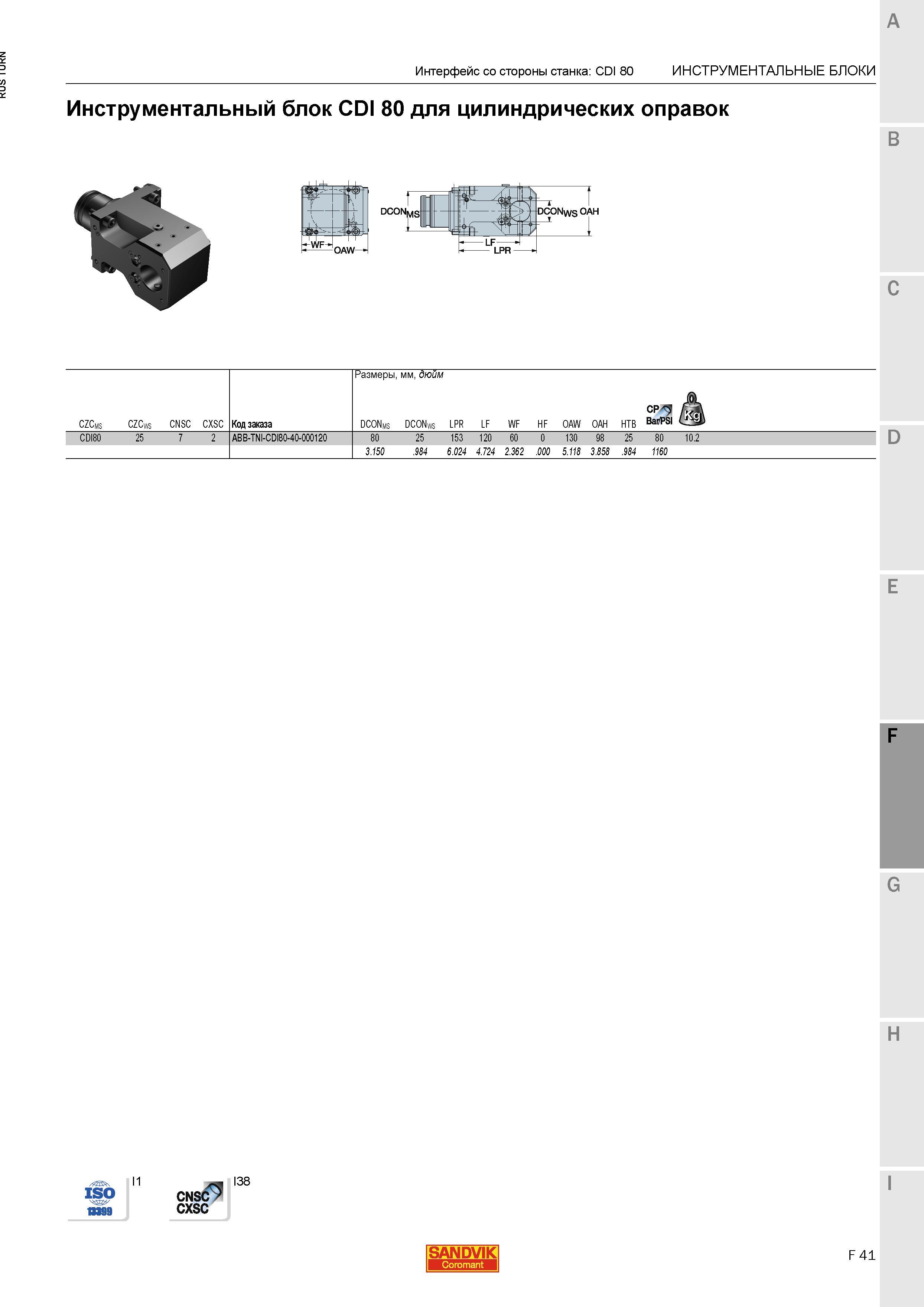 1015 Инструментальный блок Sandvik CDI 80 для цилиндрических оправок OAW CONws 0АН Размеры мм дюйм CZCms CZCws cnsc cxsc Код заказа DCONms DCONws Инте Каталог SANDVIK COROMANT 2015 Инструмент и инструментальная оснастка для токарной обработки на станках Стр. F41