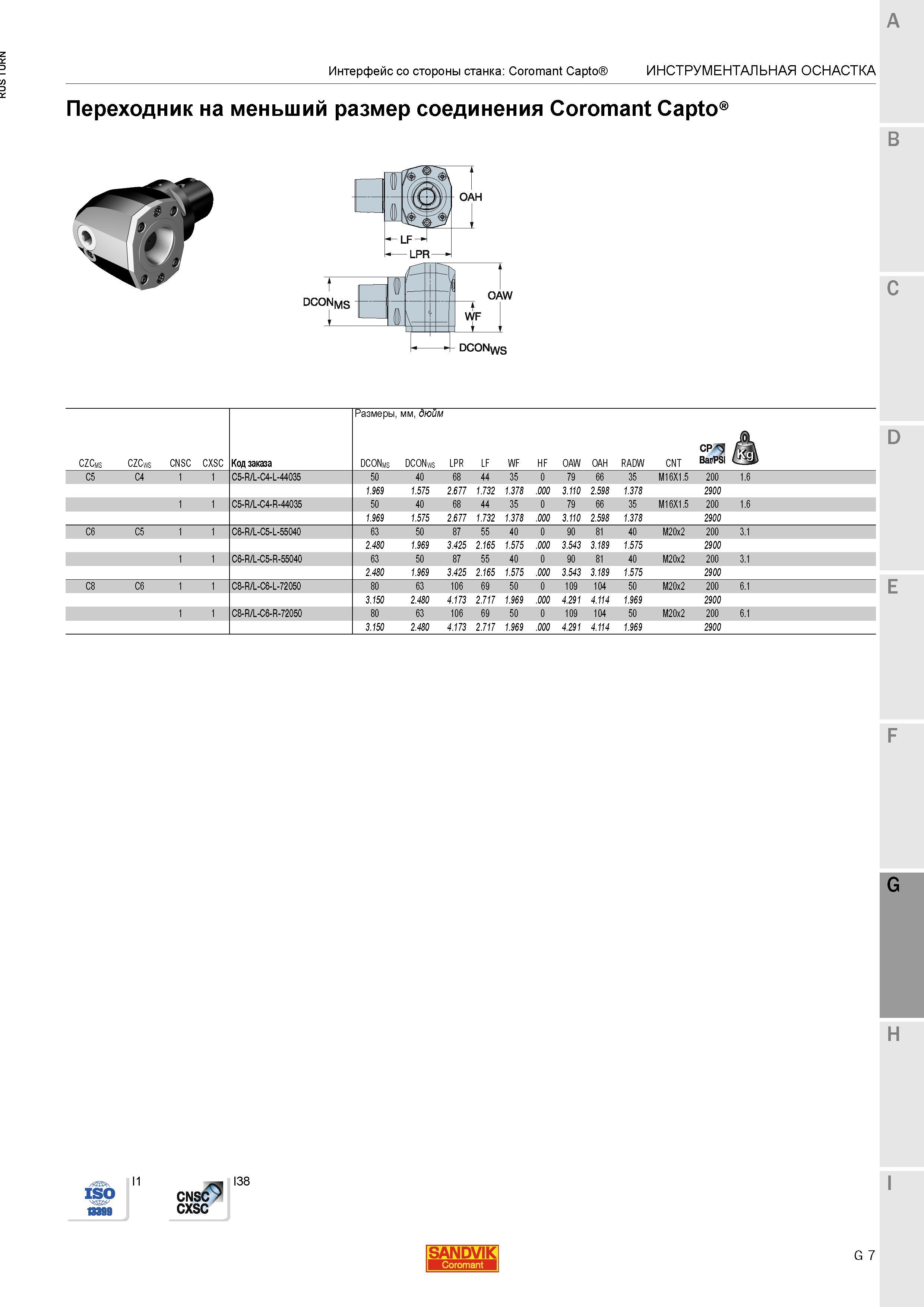 1085 Переходник на меньший размер соединения Sandvik Coromant Capto DCON Интерфейс со стороны станка Coromant Capto Инструментальная станочная оснастк Каталог SANDVIK COROMANT 2015 Инструмент и инструментальная оснастка для токарной обработки на станках Стр. G7