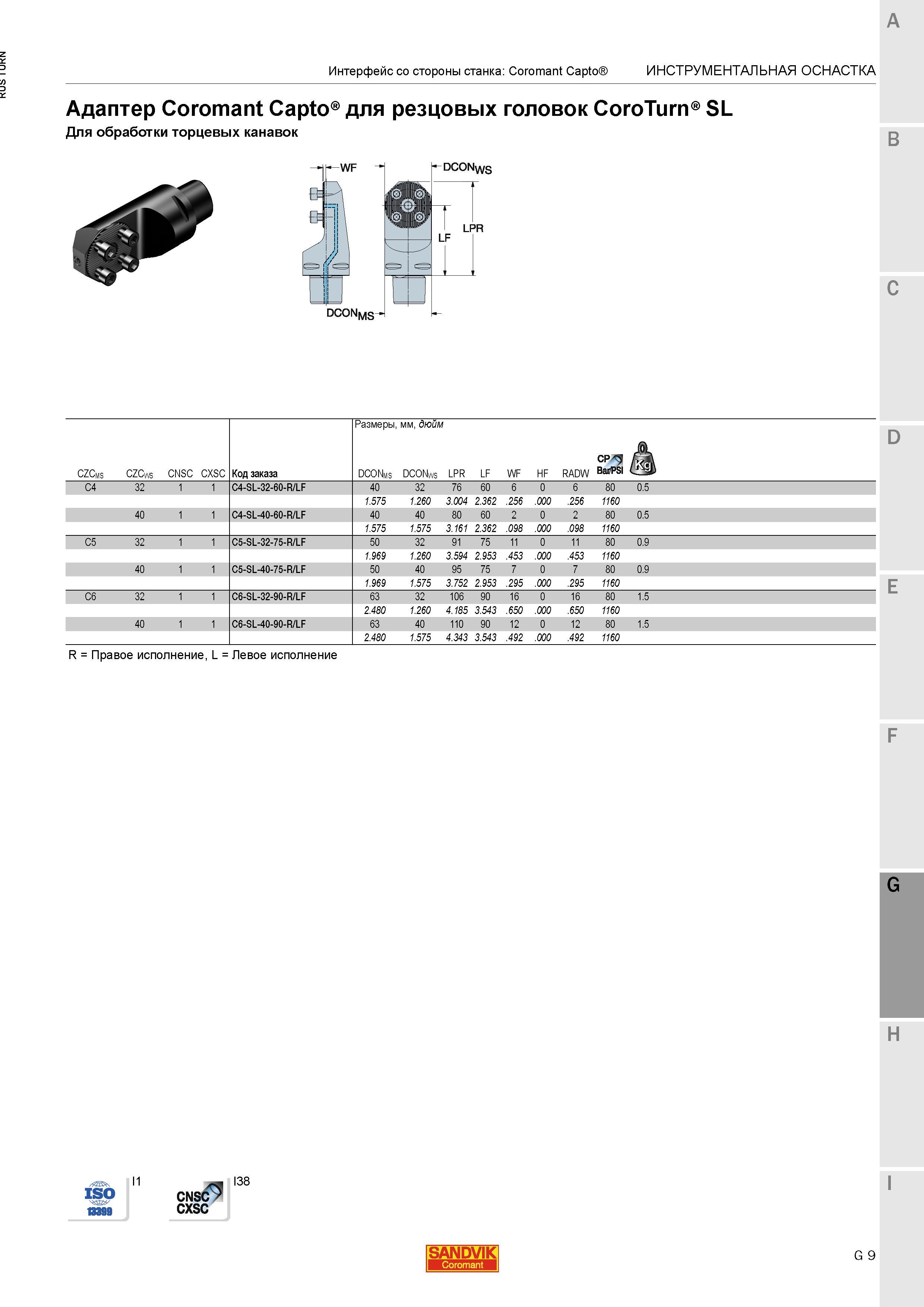 1087 Для обработки торцевых канавок Адаптер Sandvik Coromant Capto для резцовых головок CoroTurn SL Инструментальная станочная оснастка WF DCONMS DCON Каталог SANDVIK COROMANT 2015 Инструмент и инструментальная оснастка для токарной обработки на станках Стр. G9