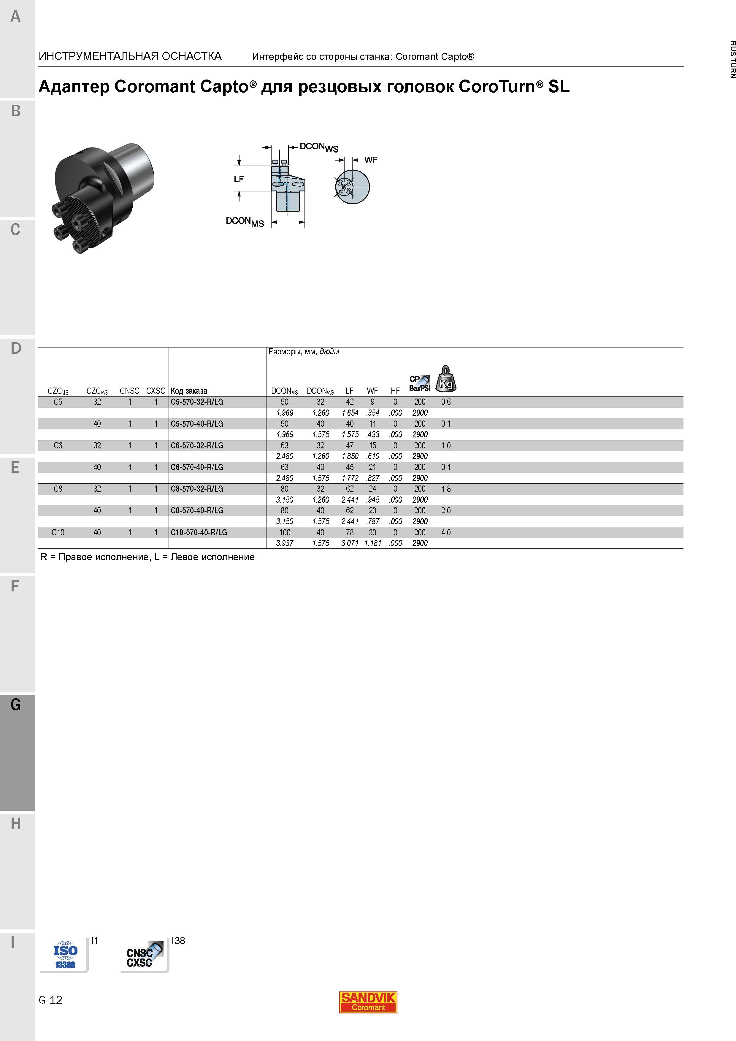 1090 Адаптер Sandvik Coromant Capto для резцовых головок CoroTurn SL R Правое исполнение L Левое исполнение Инструментальная станочная оснастка Интерф Каталог SANDVIK COROMANT 2015 Инструмент и инструментальная оснастка для токарной обработки на станках Стр. G12
