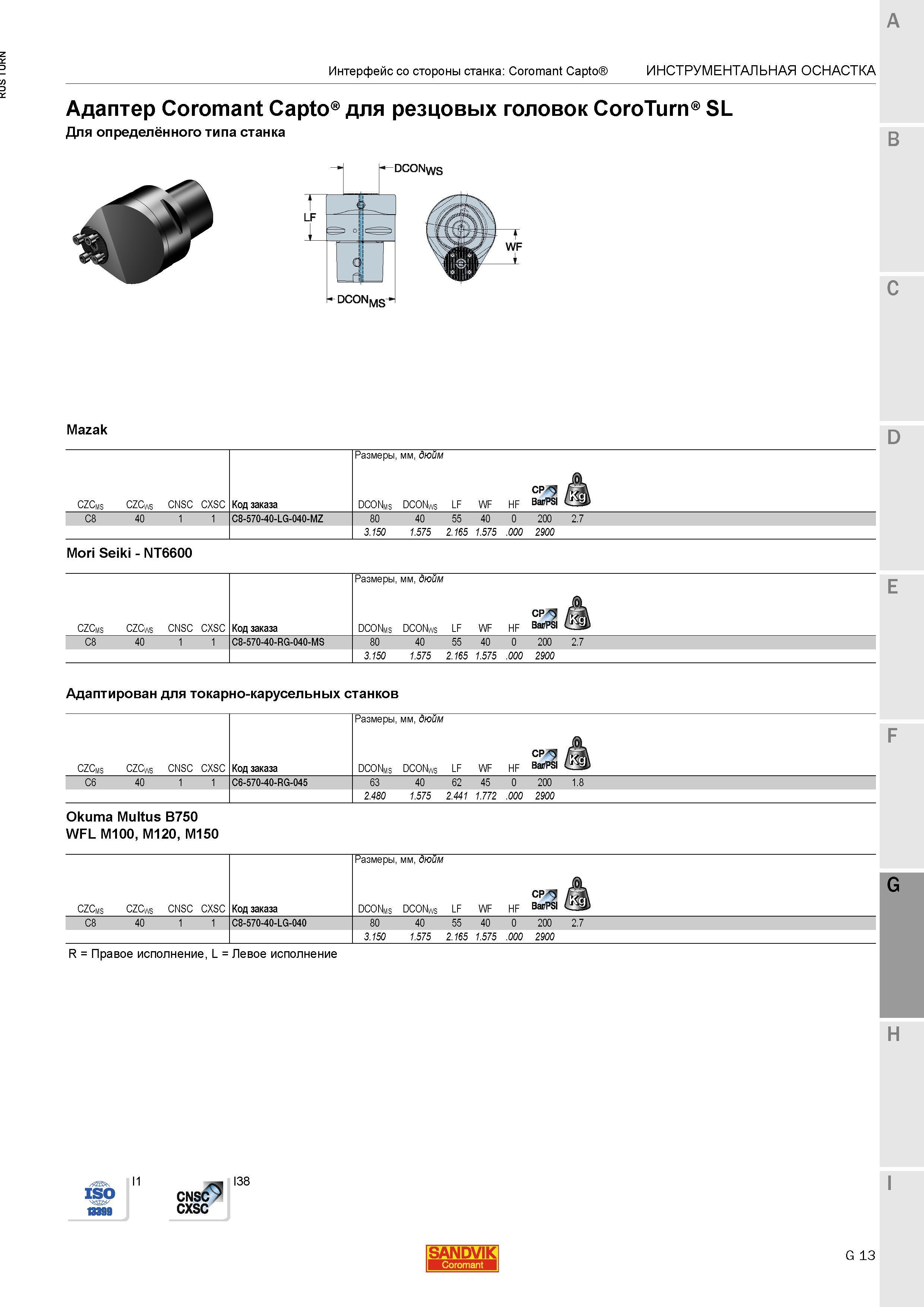 1091 Адаптер Sandvik Coromant Capto для резцовых головок CoroTurn SL Для определённого типа станка DCON s LF L DCON MS4 B C Mazak D Размеры мм дюйм CZ Каталог SANDVIK COROMANT 2015 Инструмент и инструментальная оснастка для токарной обработки на станках Стр. G13