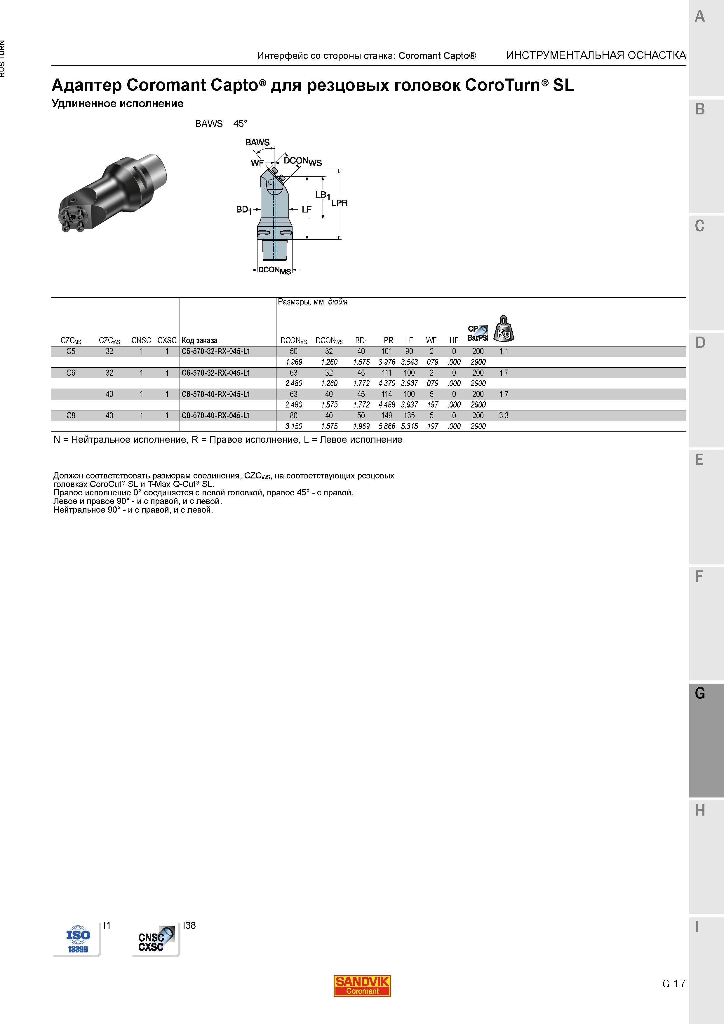 1095 Адаптер Sandvik Coromant Capto для резцовых головок CoroTurn SL Удлиненное исполнение BAWS 45 BAWS CZCms CZCws cnsc cxsc Код заказа Размеры мм дю Каталог SANDVIK COROMANT 2015 Инструмент и инструментальная оснастка для токарной обработки на станках Стр. G17