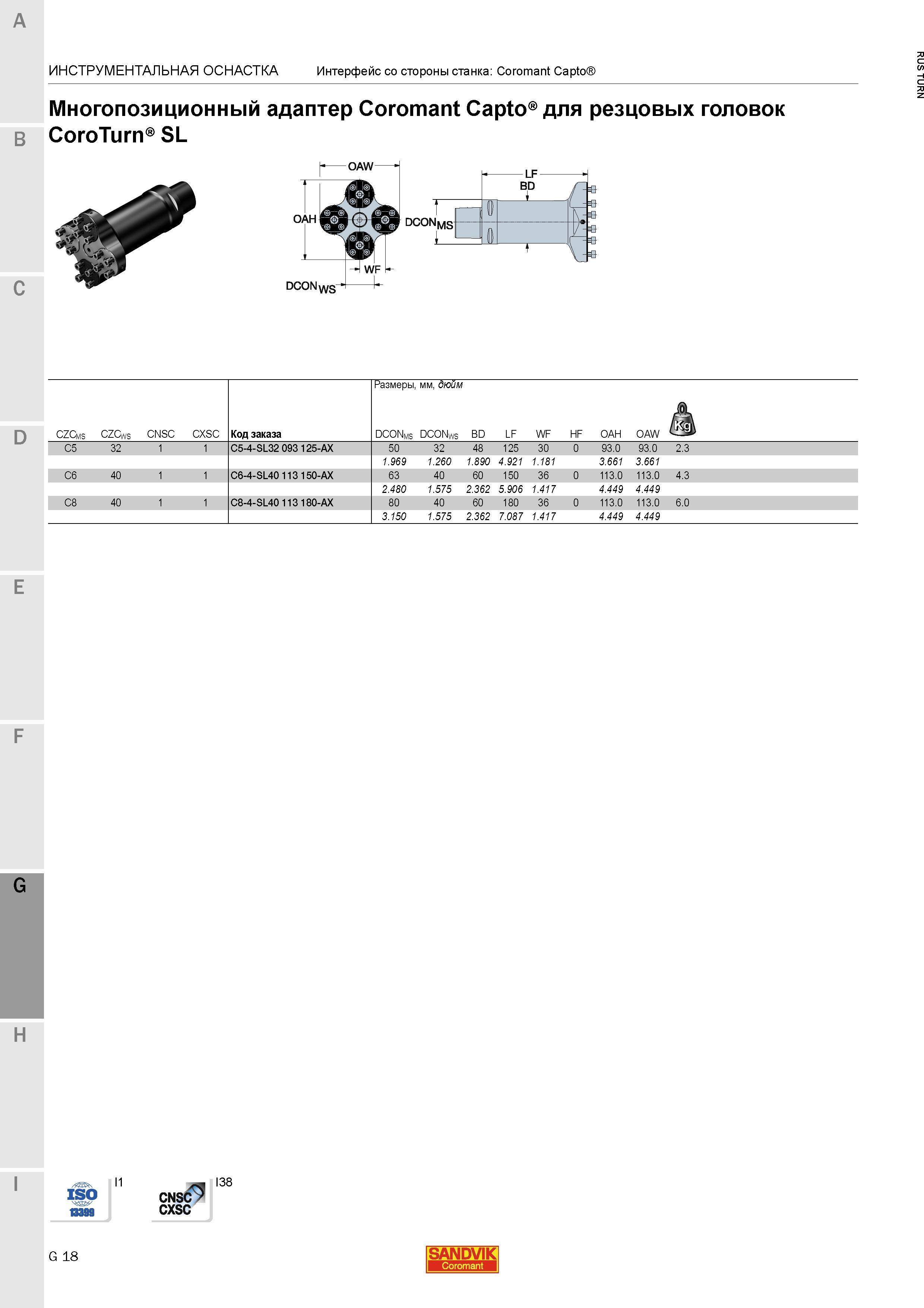 1096 Многопозиционный адаптер Sandvik Coromant Capto для резцовых головок CoroTurn SL Инструментальная станочная оснастка Интерфейс со стороны станка Каталог SANDVIK COROMANT 2015 Инструмент и инструментальная оснастка для токарной обработки на станках Стр. G18