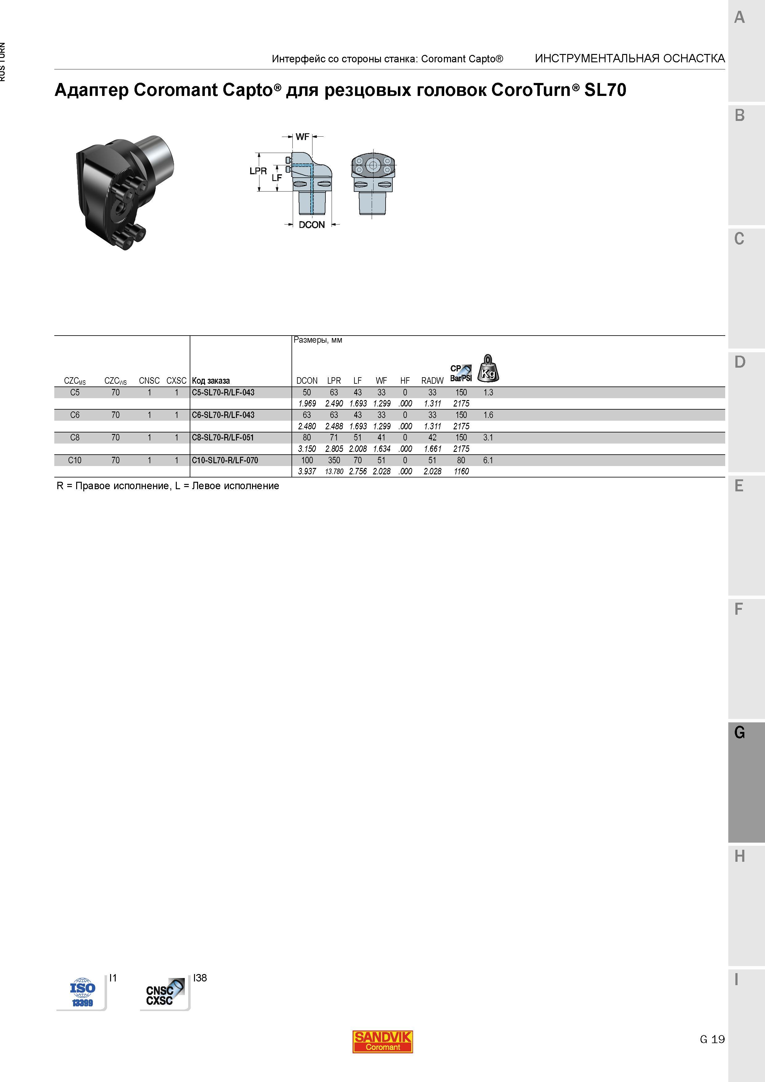 1097 Адаптер Sandvik Coromant Capto для резцовых головок CoroTurn SL70 Интерфейс со стороны станка Coromant Capto Инструментальная станочная оснастка Каталог SANDVIK COROMANT 2015 Инструмент и инструментальная оснастка для токарной обработки на станках Стр. G19
