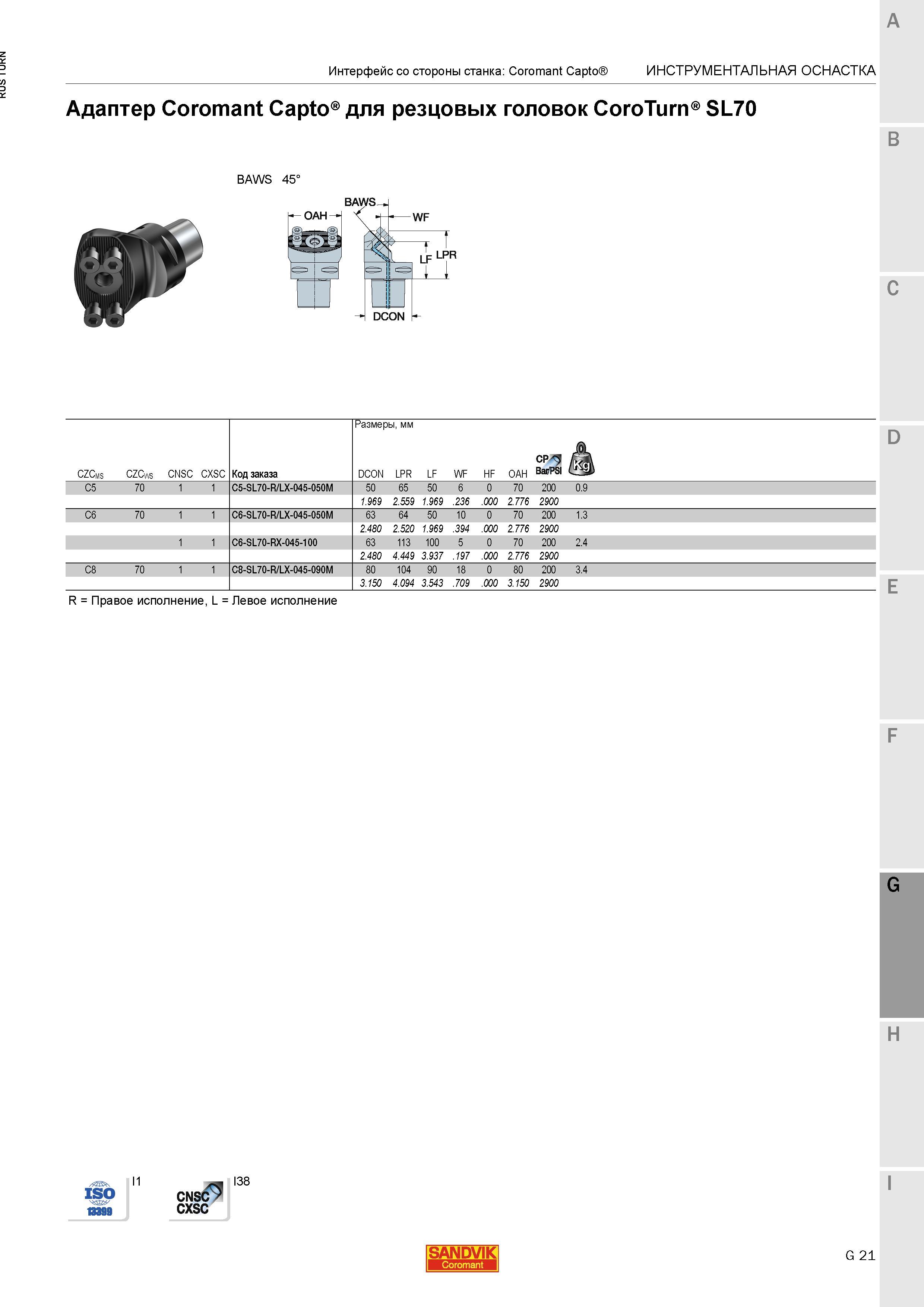 1099 Адаптер Sandvik Coromant Capto для резцовых головок CoroTurn SL70 Интерфейс со стороны станка Coromant Capto Инструментальная станочная оснастка Каталог SANDVIK COROMANT 2015 Инструмент и инструментальная оснастка для токарной обработки на станках Стр. G21