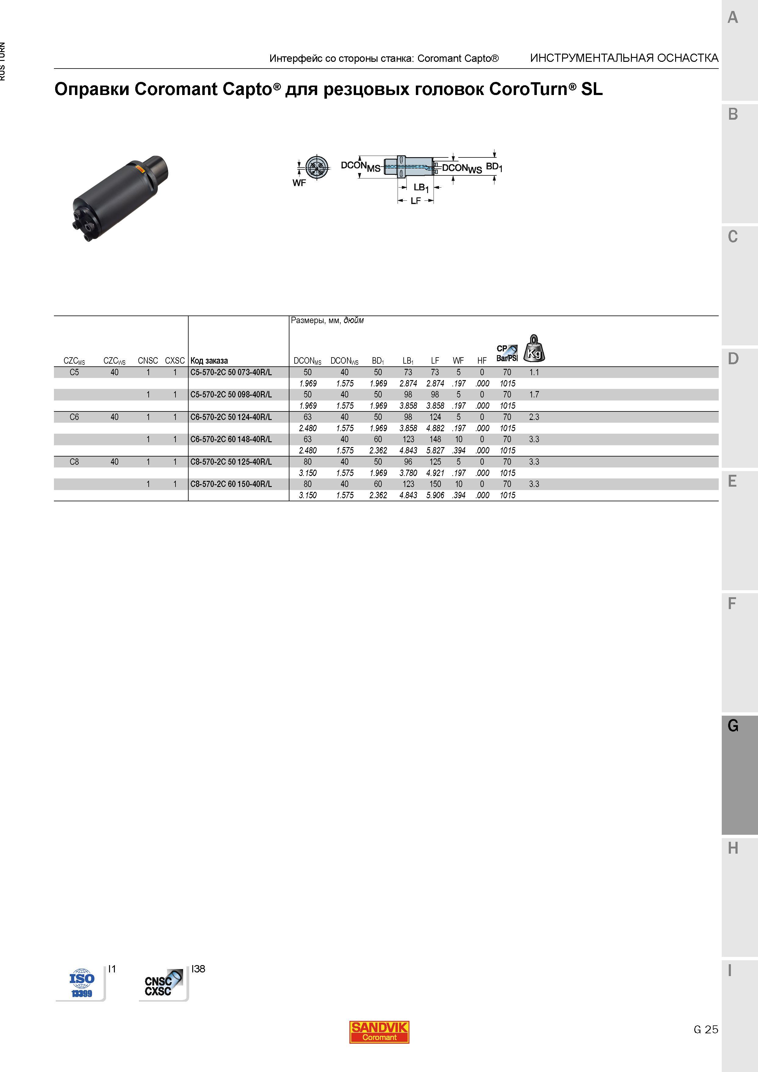1103 Оправки Sandvik Coromant Capto для резцовых головок CoroTurn SL WF Интерфейс со стороны станка Coromant Capto Инструментальная станочная оснастка Каталог SANDVIK COROMANT 2015 Инструмент и инструментальная оснастка для токарной обработки на станках Стр. G25