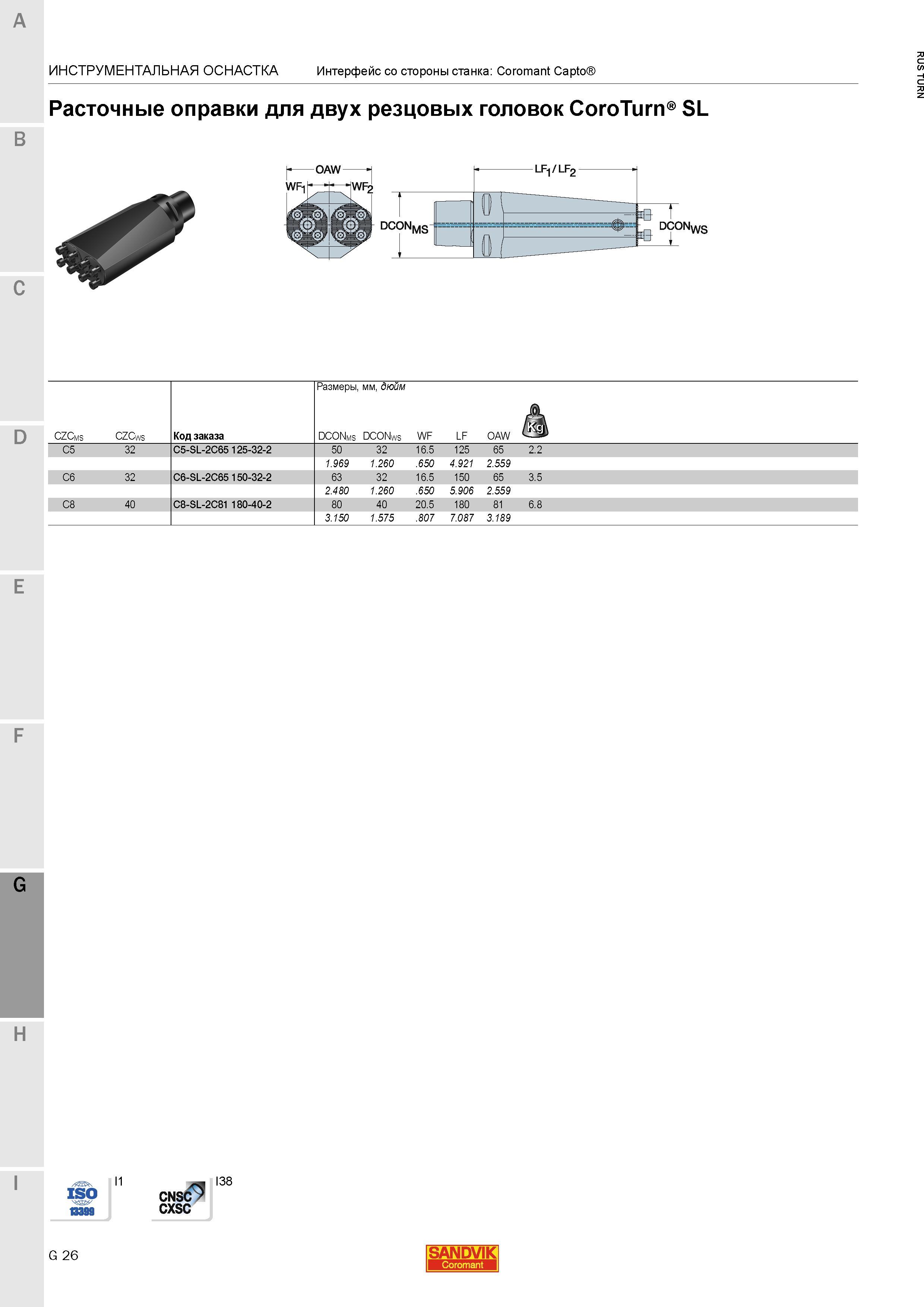 1104 Расточные оправки Sandvik для двух резцовых головок CoroTurn SL DCONMS Инструментальная станочная оснастка Интерфейс со стороны станка Coromant C Каталог SANDVIK COROMANT 2015 Инструмент и инструментальная оснастка для токарной обработки на станках Стр. G26
