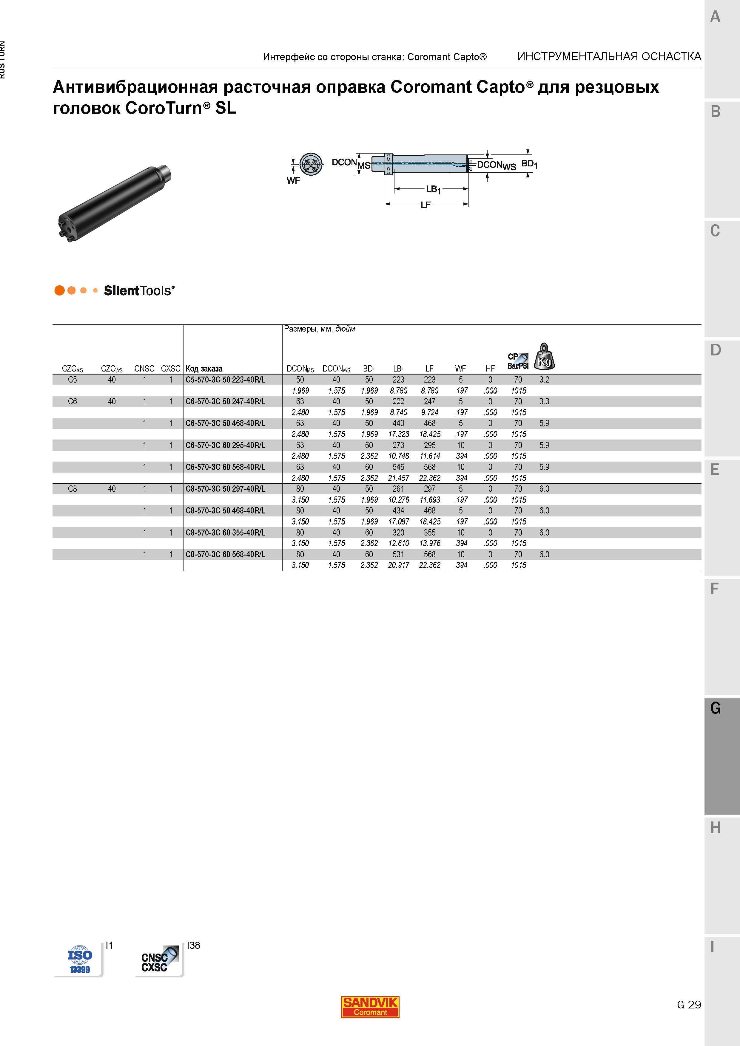 1107 Антивибрационная расточная оправка Sandvik Coromant Capto SilentTools для резцовых головок CoroTurn SL Интерфейс со стороны станка Coromant Capto Каталог SANDVIK COROMANT 2015 Инструмент и инструментальная оснастка для токарной обработки на станках Стр. G29