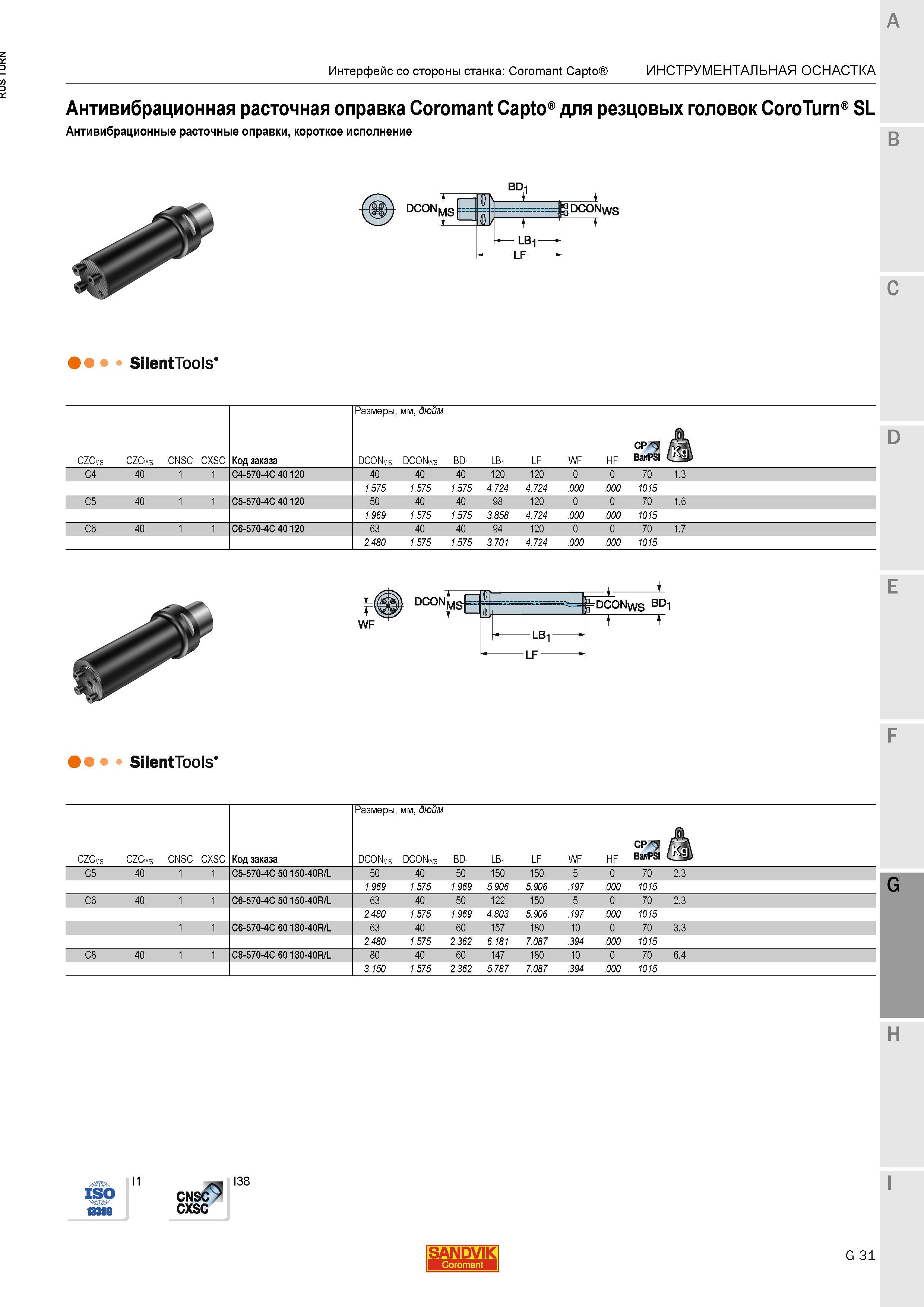 1109 Антивибрационная расточная оправка Sandvik Coromant Capto SilentTools для резцовых головок CoroTurn SL короткое исполнение DCON DCONWs II U LBi L Каталог SANDVIK COROMANT 2015 Инструмент и инструментальная оснастка для токарной обработки на станках Стр. G31