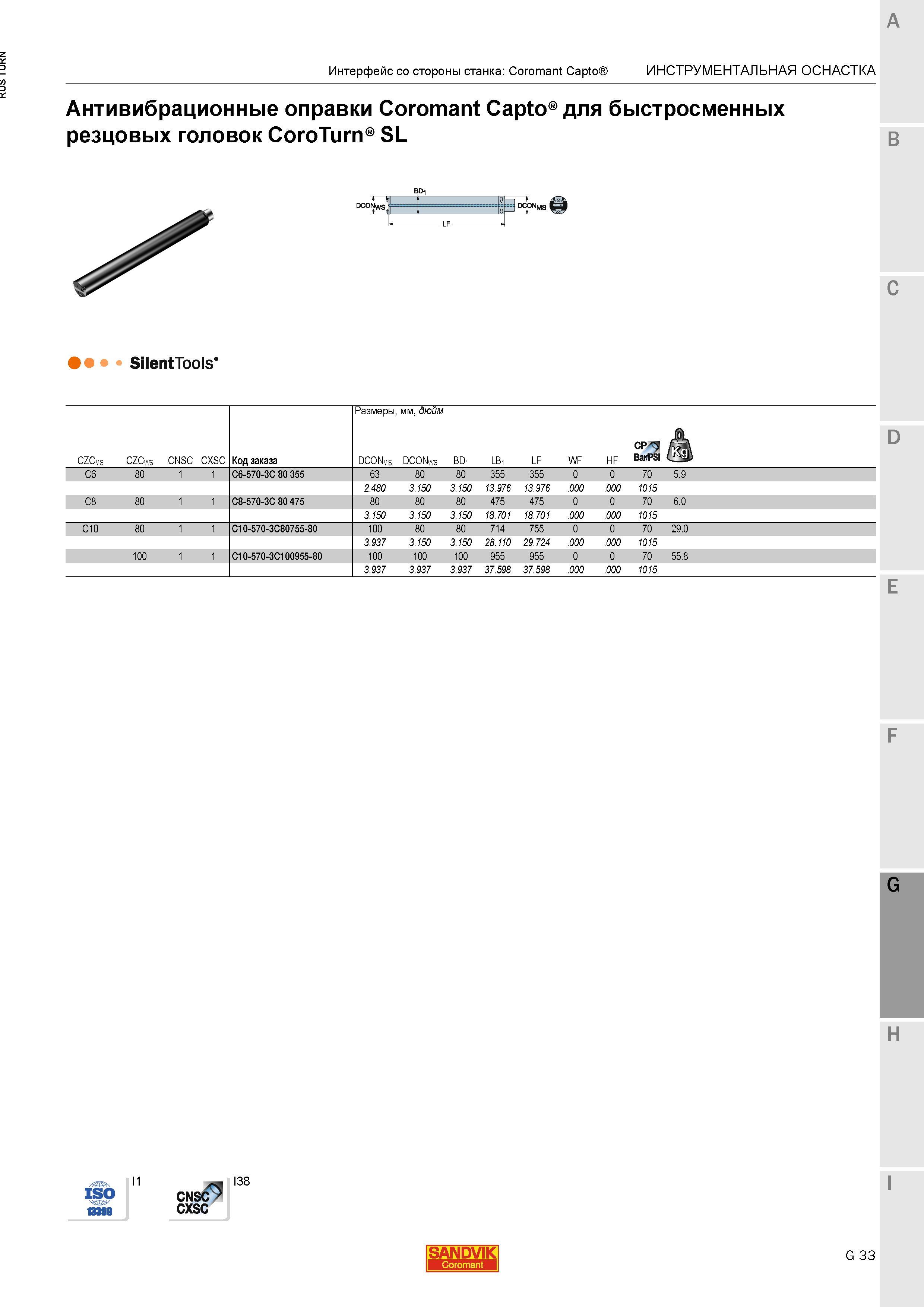 1111 Антивибрационные оправки Sandvik SilentTools Coromant Capto для быстросменных резцовых головок CoroTurn SL Интерфейс со стороны станка Coromant C Каталог SANDVIK COROMANT 2015 Инструмент и инструментальная оснастка для токарной обработки на станках Стр. G33