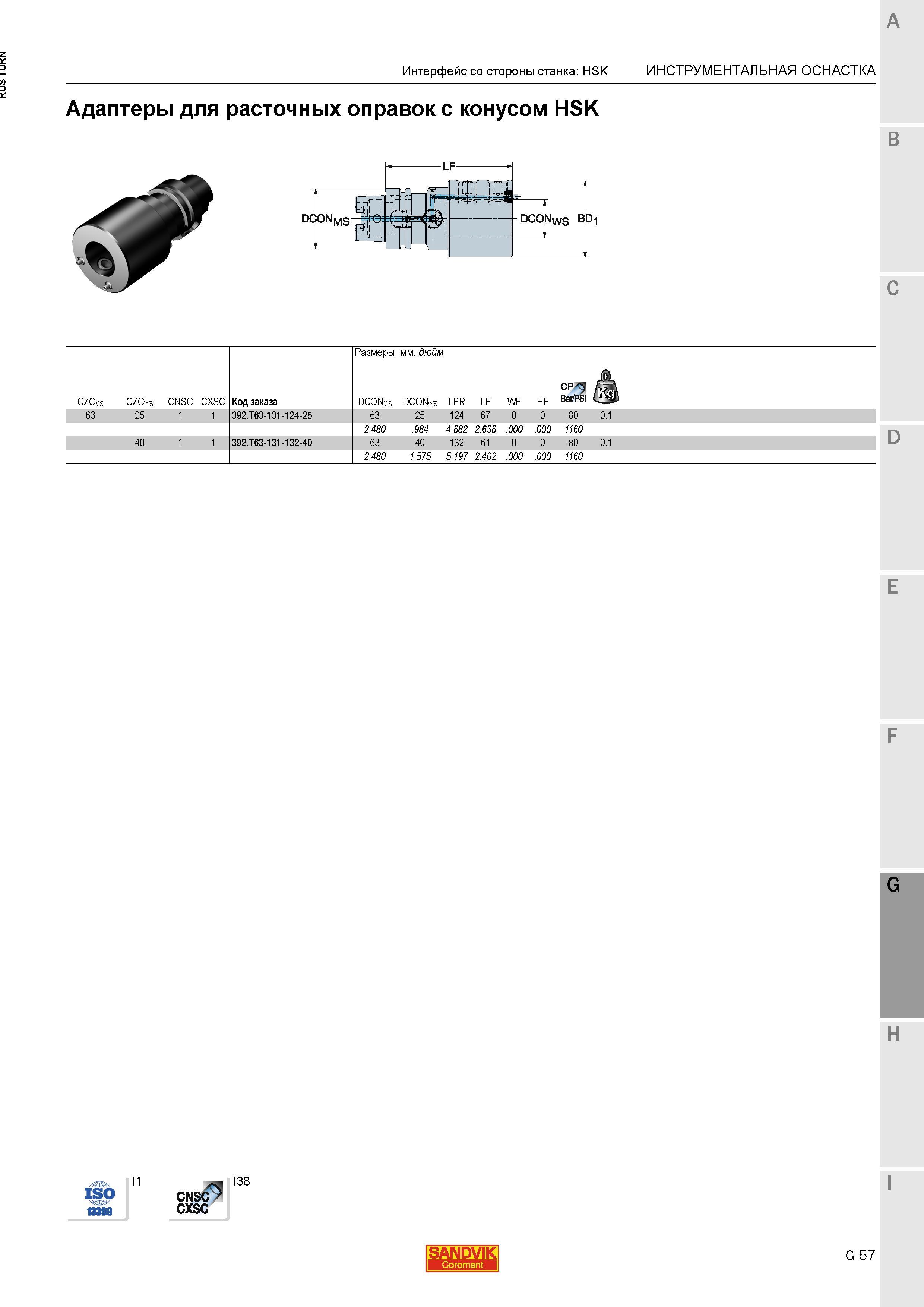 1135 Адаптеры Sandvik для расточных оправок с конусом HSK Интерфейс со стороны станка HSK Инструментальная станочная оснастка Размеры мм дюйм CZCms CZ Каталог SANDVIK COROMANT 2015 Инструмент и инструментальная оснастка для токарной обработки на станках Стр. G57
