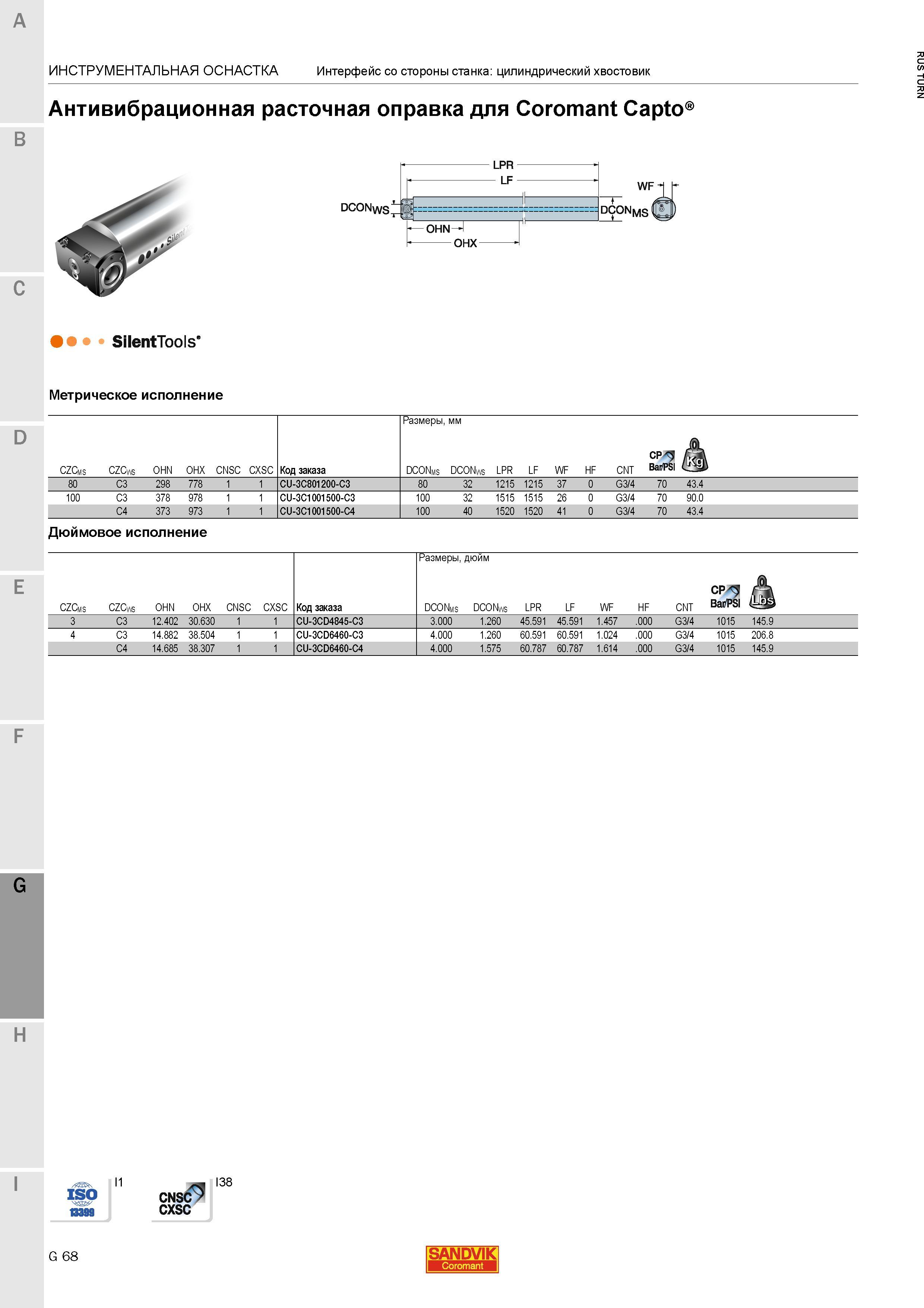 1146 Антивибрационная расточная оправка Sandvik для Coromant Capto SilentTools Метрическое исполнение Инструментальная станочная оснастка Интерфейс со Каталог SANDVIK COROMANT 2015 Инструмент и инструментальная оснастка для токарной обработки на станках Стр. G68