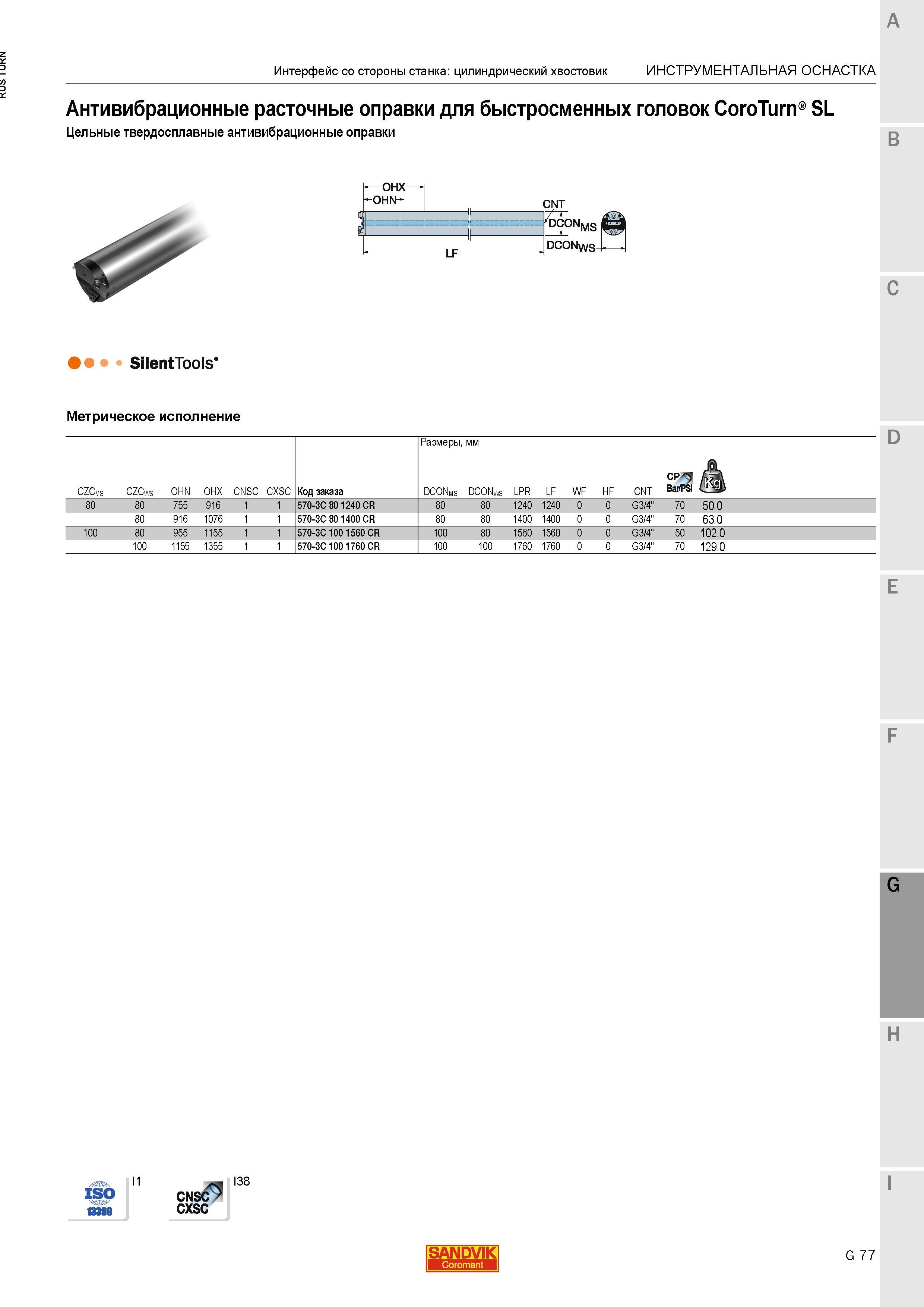 1155 Антивибрационные расточные оправки для быстросменных головок Sandvik CoroTurn SL Цельные твердосплавные антивибрационные оправки Интерфейс со сто Каталог SANDVIK COROMANT 2015 Инструмент и инструментальная оснастка для токарной обработки на станках Стр. G77