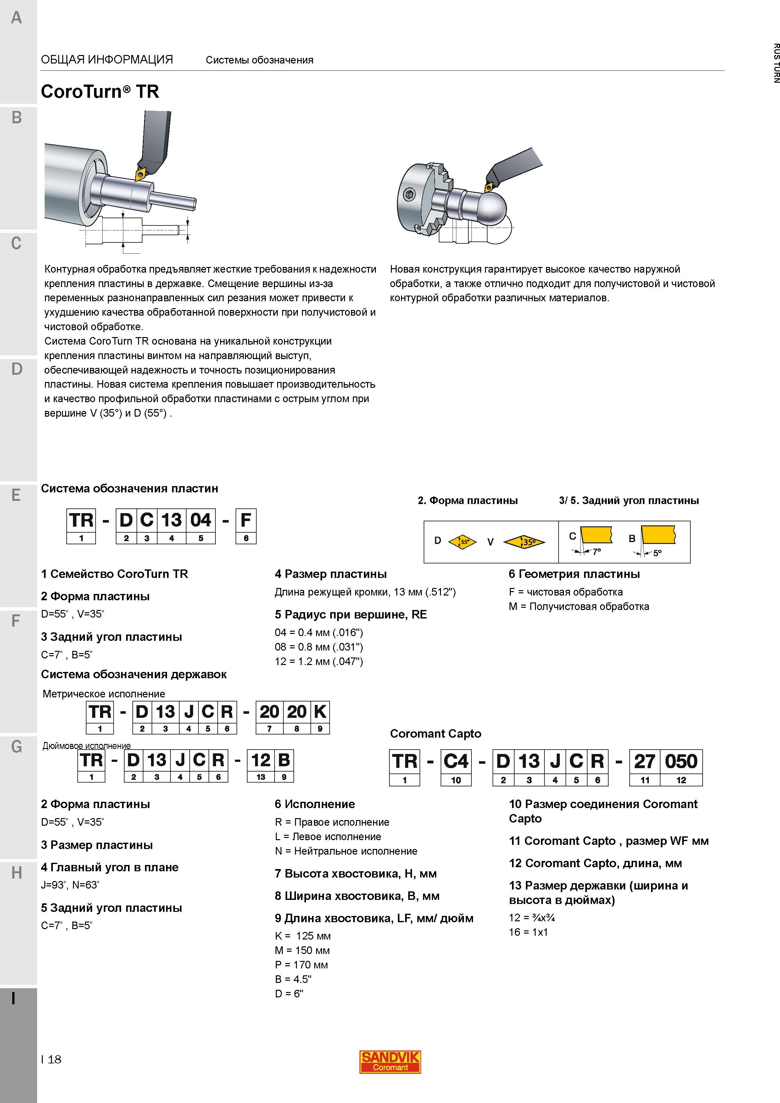 1226 Принятая система обозначения для токарного инструмента Sandvik Coromant CoroTurn TR Для сменных режущих твердосплавных пластин и для резцов Конту Каталог SANDVIK COROMANT 2015 Инструмент и инструментальная оснастка для токарной обработки на станках Стр. I18