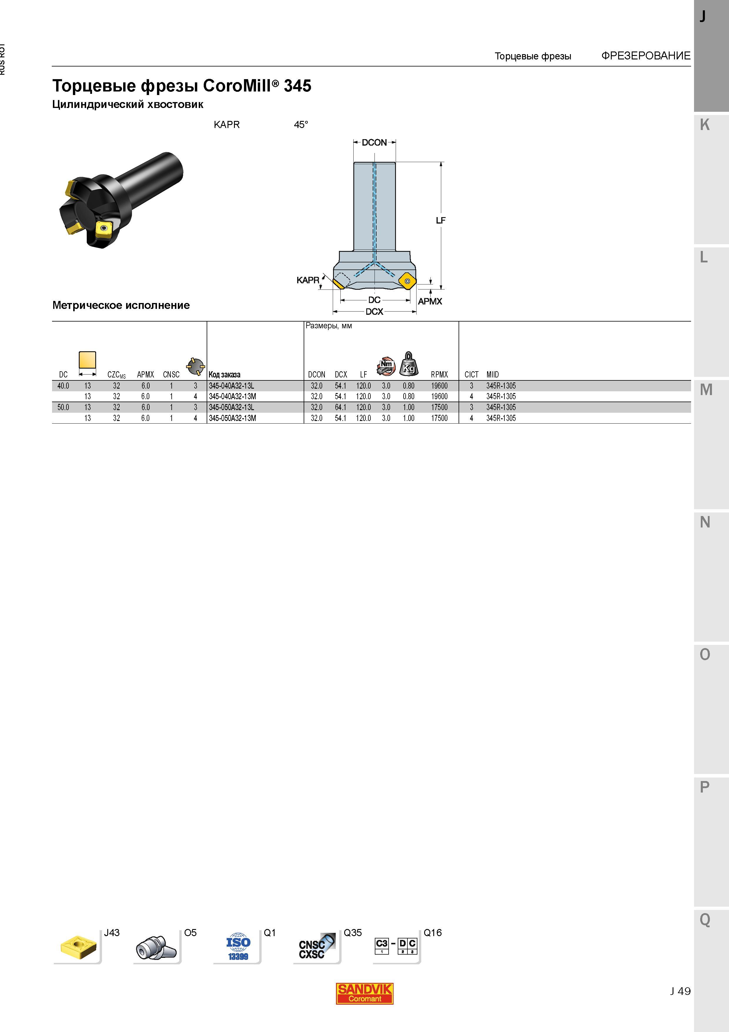 77 Торцевая концевая фреза Sandvik Coromant CoroMill 345 со сменными режущими многогранными пластинами и гладким цилиндрическим хвостовиком Фрезер Каталог SANDVIK COROMANT 2015 Металлорежущие вращающиеся инструменты и станочная инструментальная оснастка Стр. J49