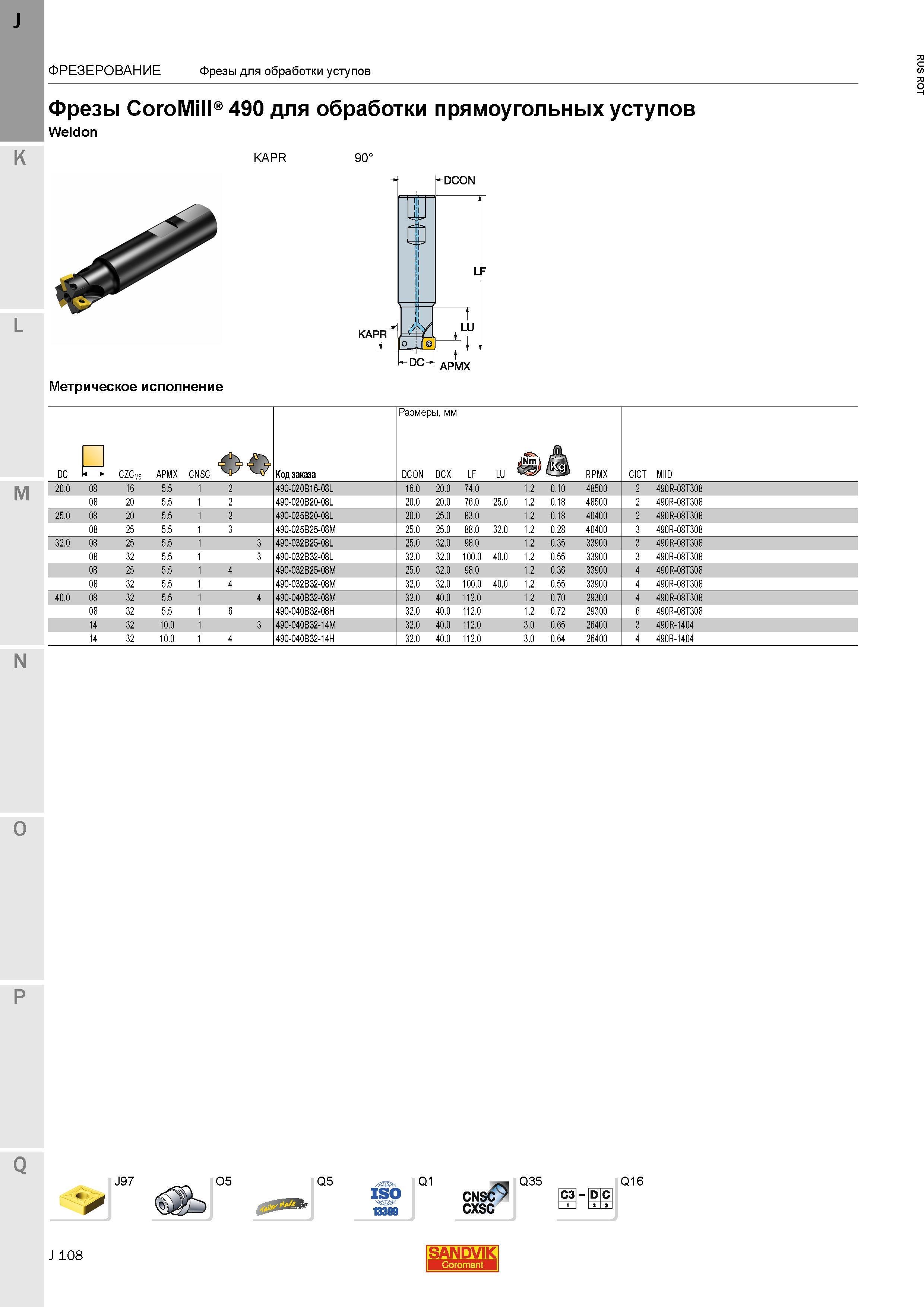 136 Фрезы Sandvik Coromant CoroMill 490 для обработки прямоугольных уступов Weldon K KAPR 90 Метрическое исполнение J97 O5 Q5 Q1 CNSC Q35 C3l-D С c Каталог SANDVIK COROMANT 2015 Металлорежущие вращающиеся инструменты и станочная инструментальная оснастка Стр. J108