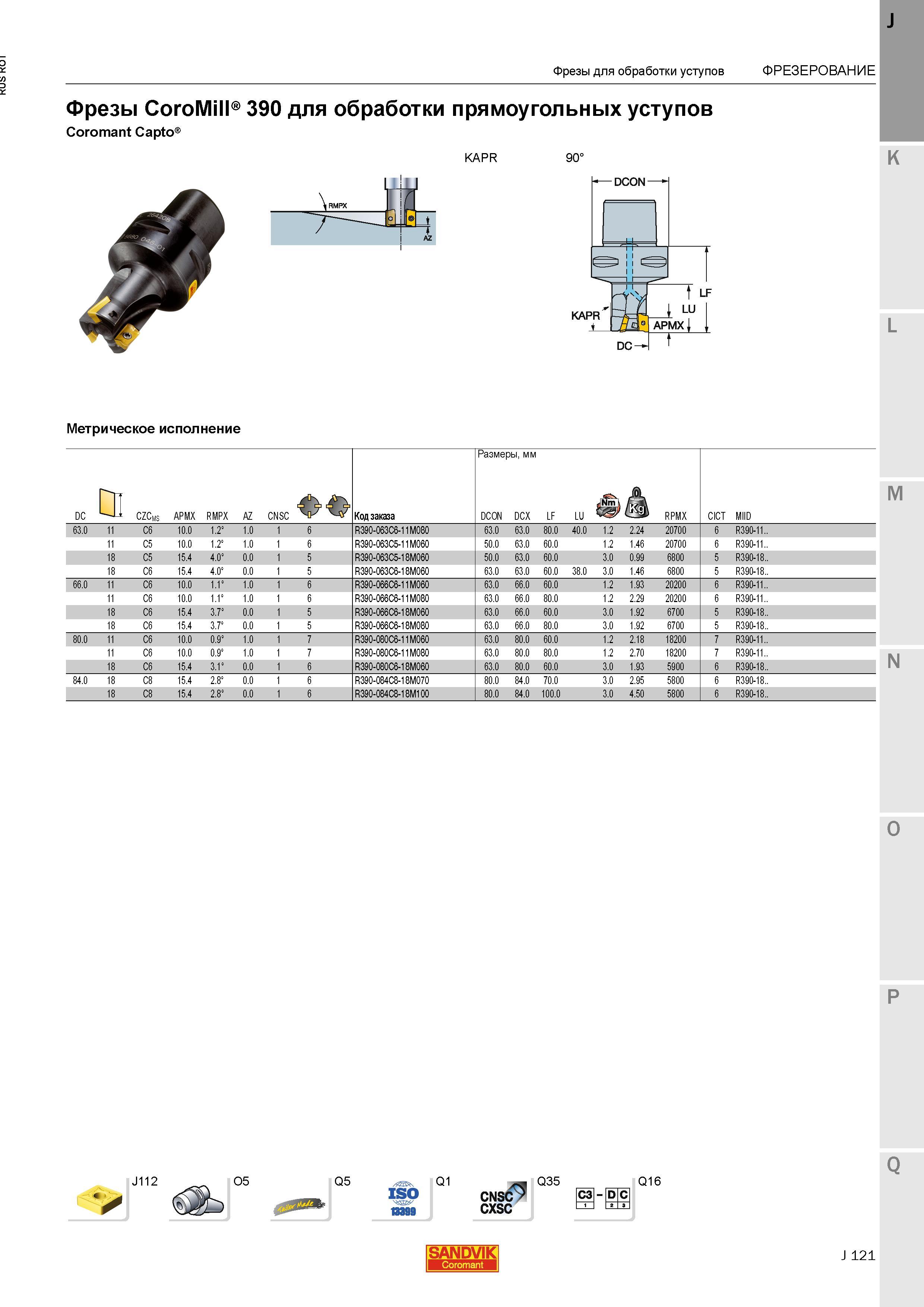 149 Фрезы Sandvik Coromant CoroMill 390 для обработки прямоугольных уступов Coromant Capto KAPR 90 Метрическое исполнение J112 O5 Q5 Q1 CNSC CXSC Q Каталог SANDVIK COROMANT 2015 Металлорежущие вращающиеся инструменты и станочная инструментальная оснастка Стр. J121