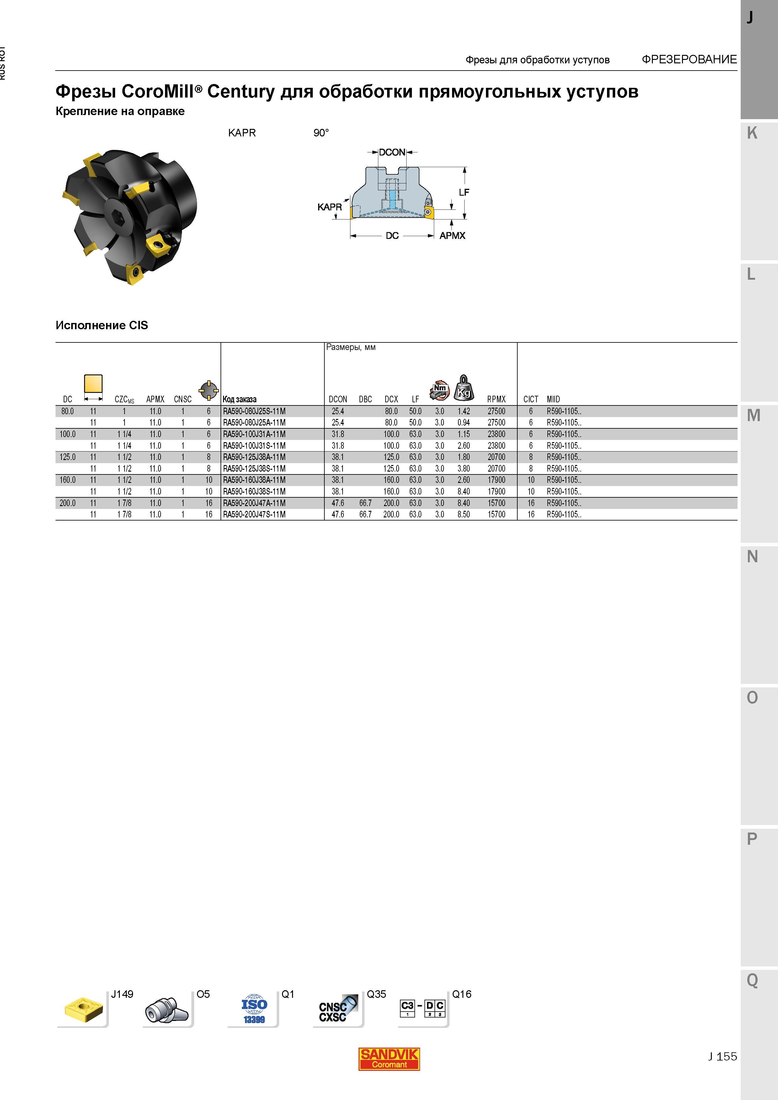 183 Фрезы Sandvik CoroMill Century для обработки прямоугольных уступов Крепление на оправке KAPR 90 Исполнение CIS DC CZCms APMX CNSC V Код заказа Каталог SANDVIK COROMANT 2015 Металлорежущие вращающиеся инструменты и станочная инструментальная оснастка Стр. J155