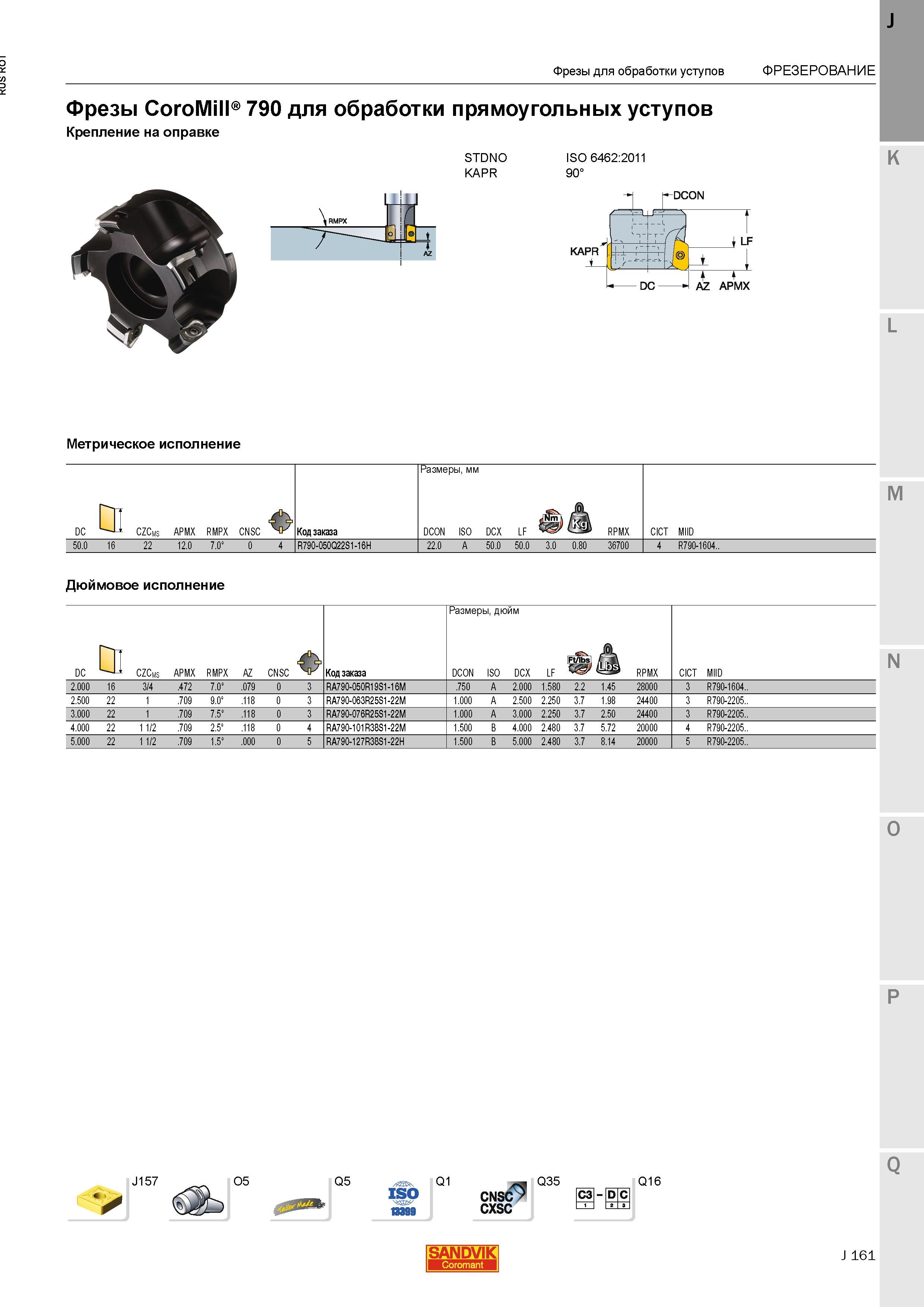 189 Фрезы Sandvik CoroMill 790 для обработки прямоугольных уступов Крепление на оправке STDNO KAPR ISO 6462:2011 90 Метрическое исполнение Фрезы дл Каталог SANDVIK COROMANT 2015 Металлорежущие вращающиеся инструменты и станочная инструментальная оснастка Стр. J161