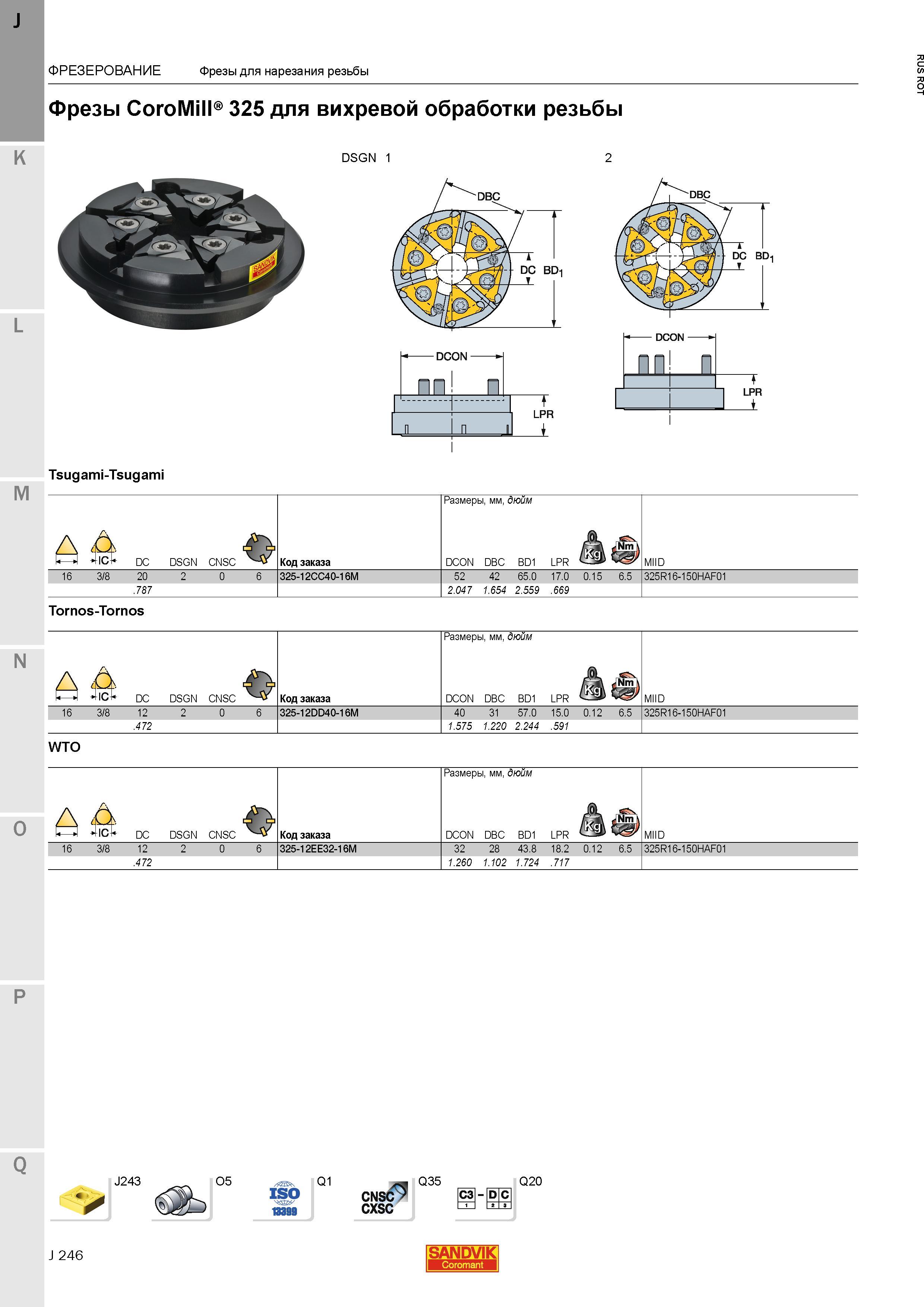 274 Фрезы Sandvik CoroMill 325 для вихревой обработки резьбы DSGN 1 M DCON- nd q DCON LPR Tsugami-Tsugami LPR 1 1 Код заказа Размеры мм дюйм ФРЕЗЕР Каталог SANDVIK COROMANT 2015 Металлорежущие вращающиеся инструменты и станочная инструментальная оснастка Стр. J246