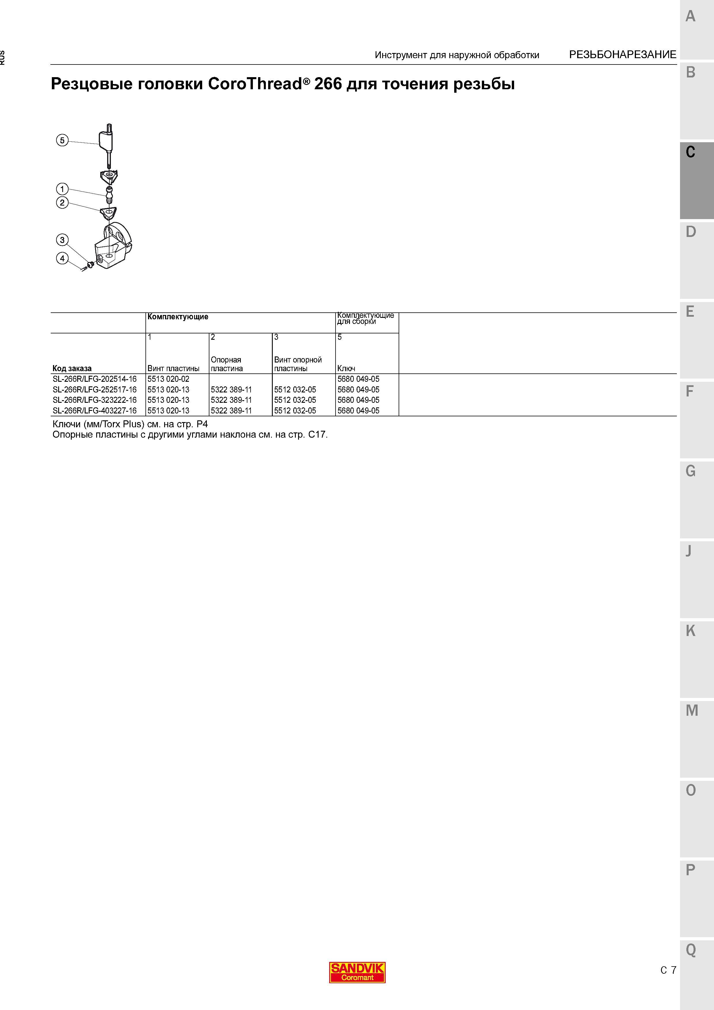 207 Резцовые головки Sandvik CoroThread 266 для точения резьбы Комплектующие для сборки Код заказа Винт пластины Опорная пластина Ключ Инструм Каталог SANDVIK COROMANT 2015 Комплектующие и запчасти для режущего инструмента оснастки Стр. C7