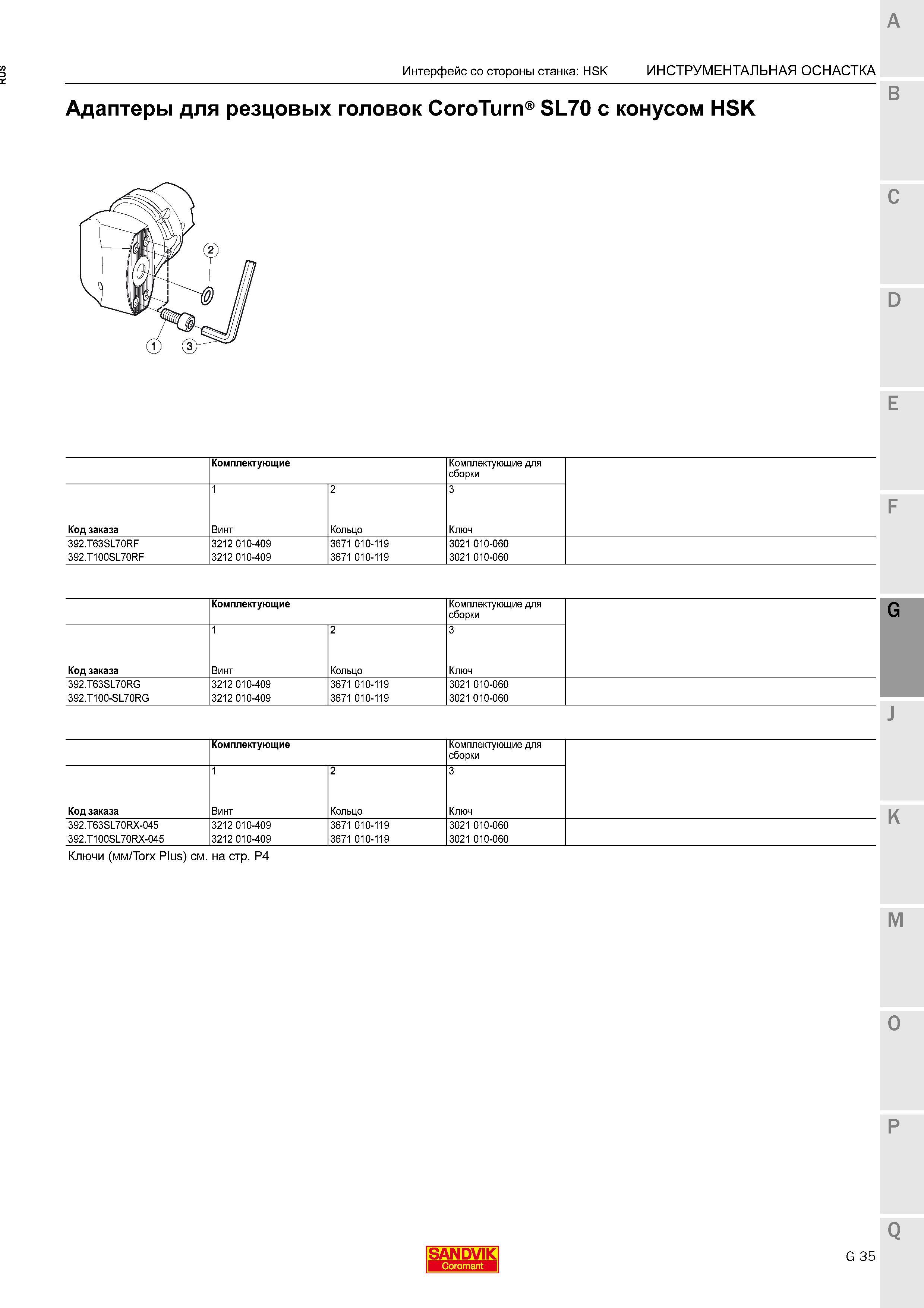 323 Адаптеры Sandvik для резцовых головок CoroTurn SL70 с конусом HSK Комплектующие для сборки Код заказа Винт Кольцо Ключ Интерфейс со сторон Каталог SANDVIK COROMANT 2015 Комплектующие и запчасти для режущего инструмента оснастки Стр. G35