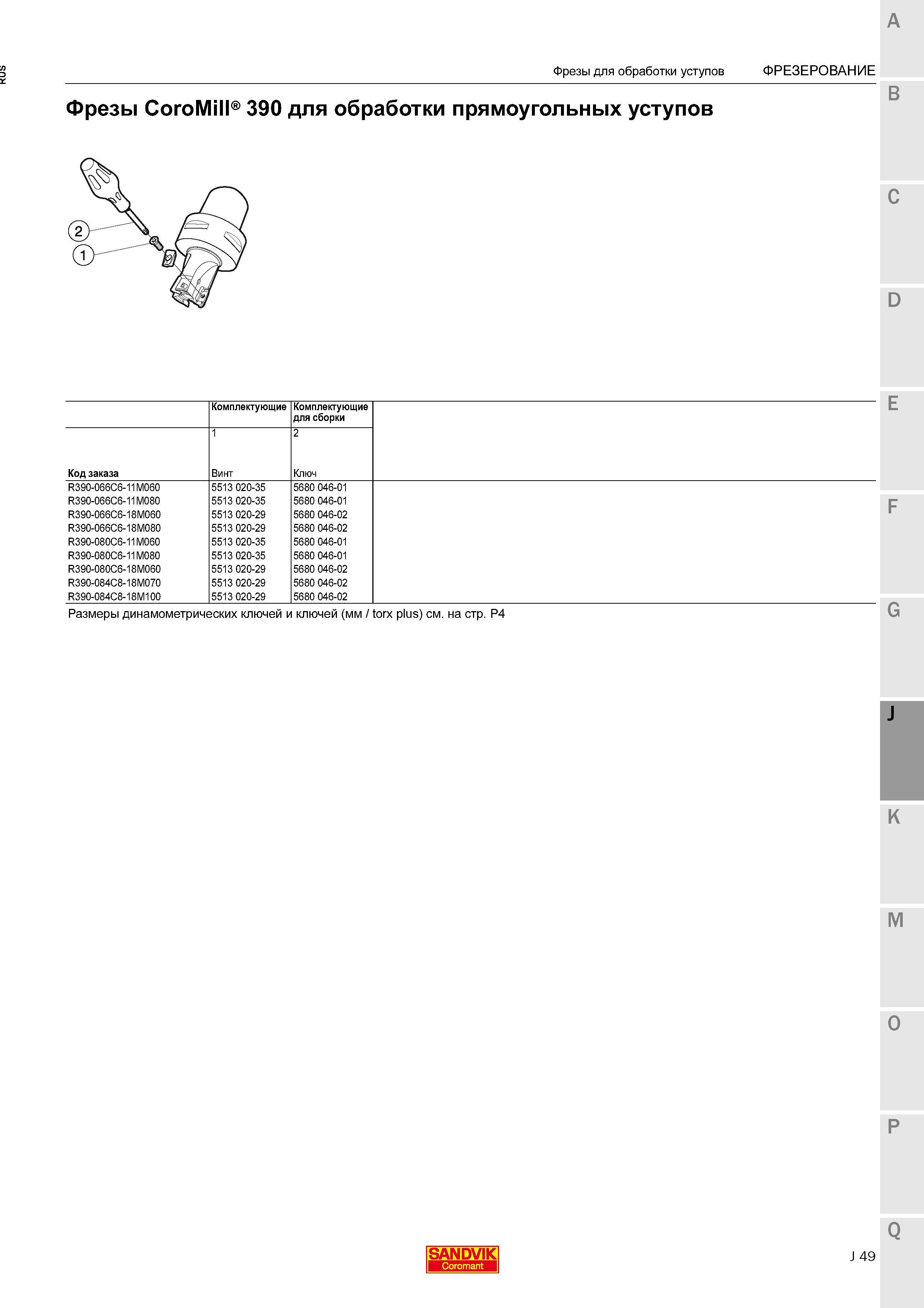401 Фрезы Sandvik CoroMill 390 для обработки прямоугольных уступов Комплектующие для сборки Код заказа Винт Ключ Фрезы для обработки уступов Ф Каталог SANDVIK COROMANT 2015 Комплектующие и запчасти для режущего инструмента оснастки Стр. J49