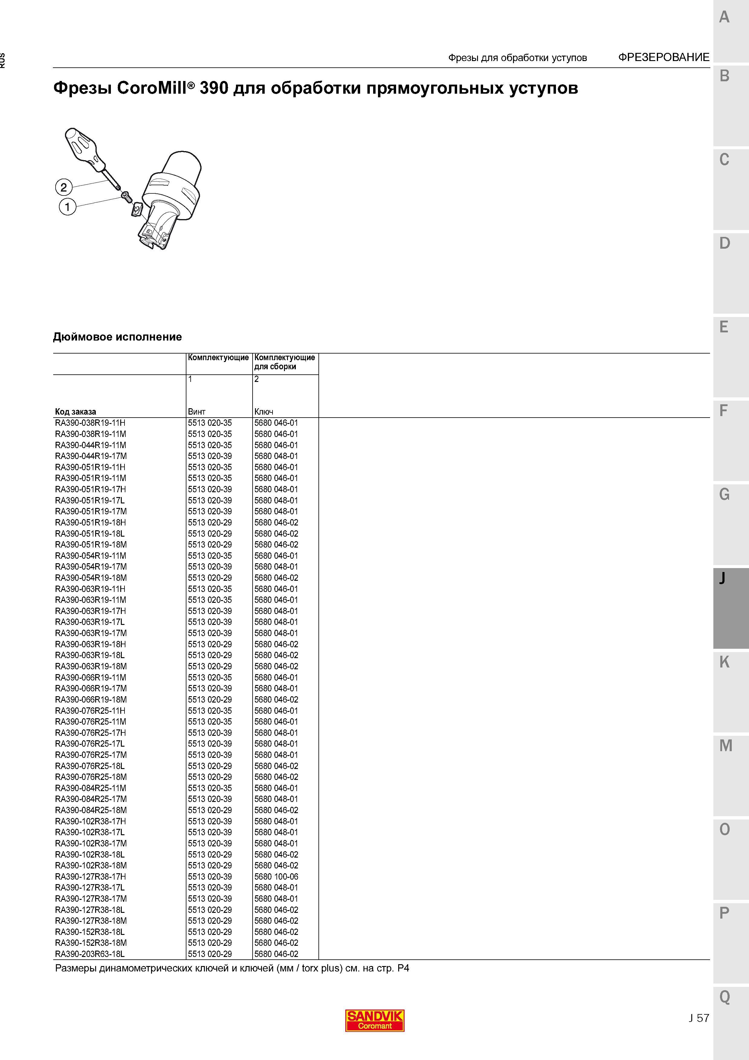 409 Фрезы Sandvik CoroMill 390 для обработки прямоугольных уступов Дюймовое исполнение Комплектующие для сборки Код заказа Винт Ключ Фрезы для Каталог SANDVIK COROMANT 2015 Комплектующие и запчасти для режущего инструмента оснастки Стр. J57