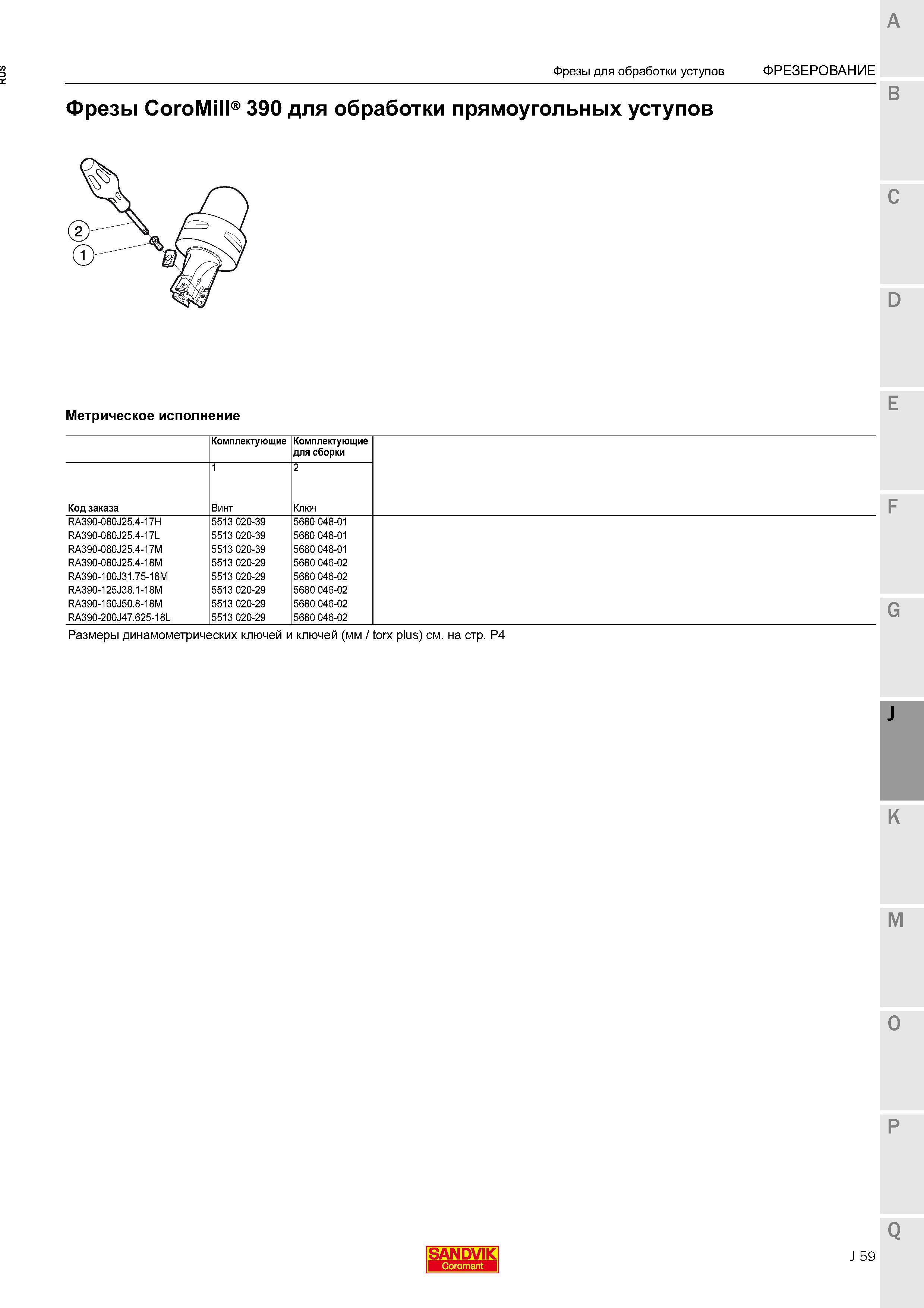 411 Фрезы Sandvik CoroMill 390 для обработки прямоугольных уступов Метрическое исполнение Комплектующие для сборки Код заказа Винт Ключ Фрезы Каталог SANDVIK COROMANT 2015 Комплектующие и запчасти для режущего инструмента оснастки Стр. J59
