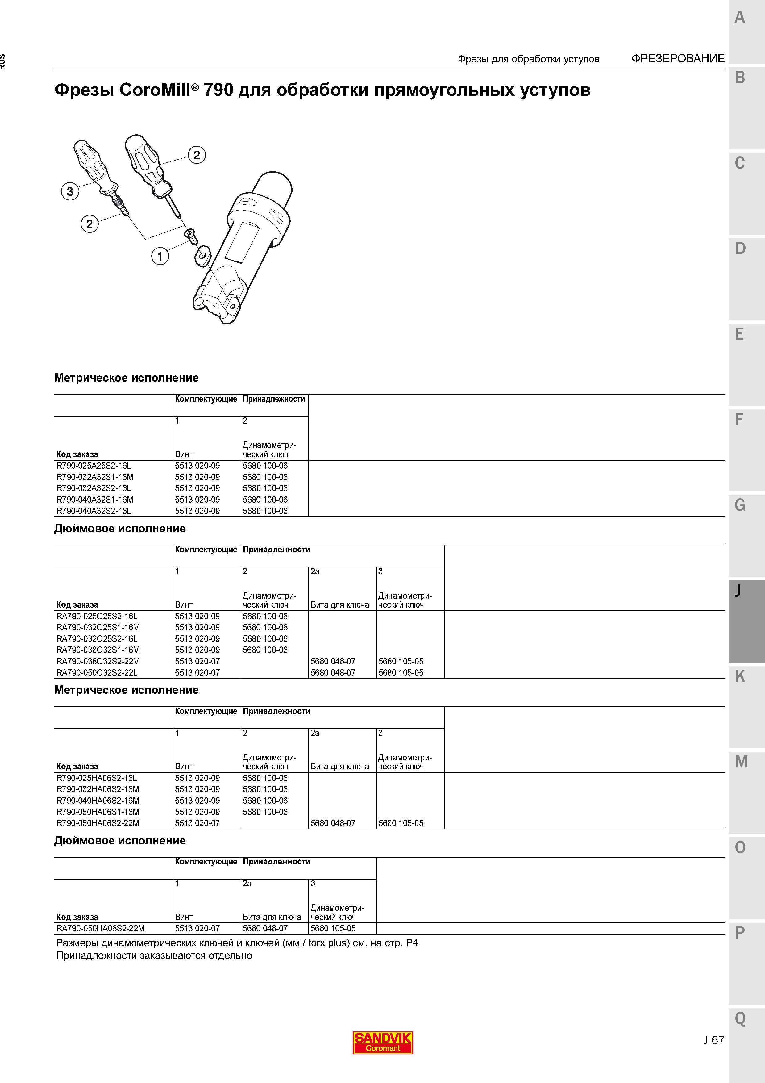 419 Фрезы Sandvik Coromant CoroMill 790 для обработки прямоугольных уступов Метрическое исполнение Комплектующие Принадлежности Код заказа Вин Каталог SANDVIK COROMANT 2015 Комплектующие и запчасти для режущего инструмента оснастки Стр. J67