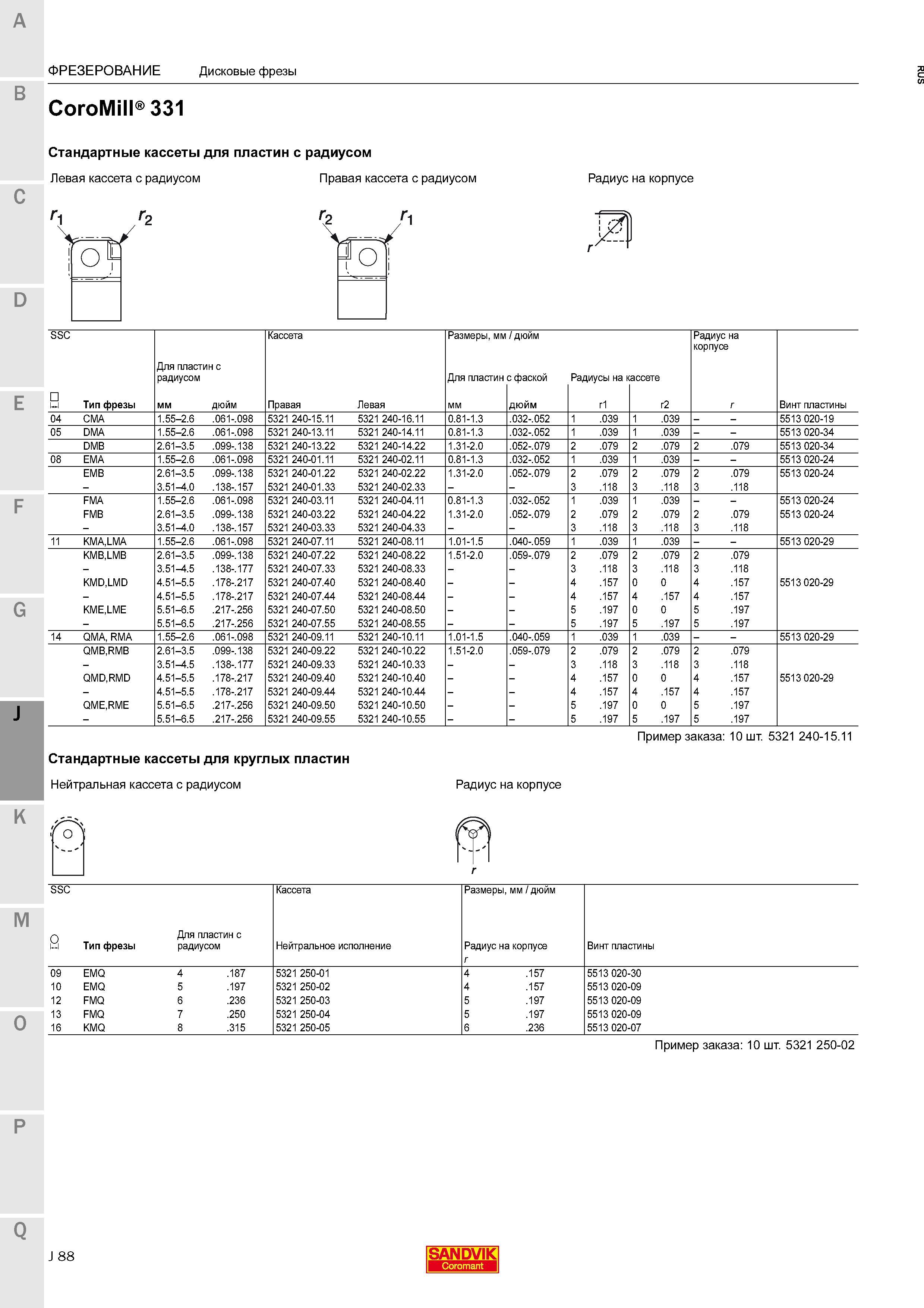 440 ФРЕЗЕРОВАНИЕ Sandvik Coromant Дисковые фрезы CoroMill 331 Стандартные кассеты для пластин с радиусом Левая кассета с радиусом Правая кассе Каталог SANDVIK COROMANT 2015 Комплектующие и запчасти для режущего инструмента оснастки Стр. J88