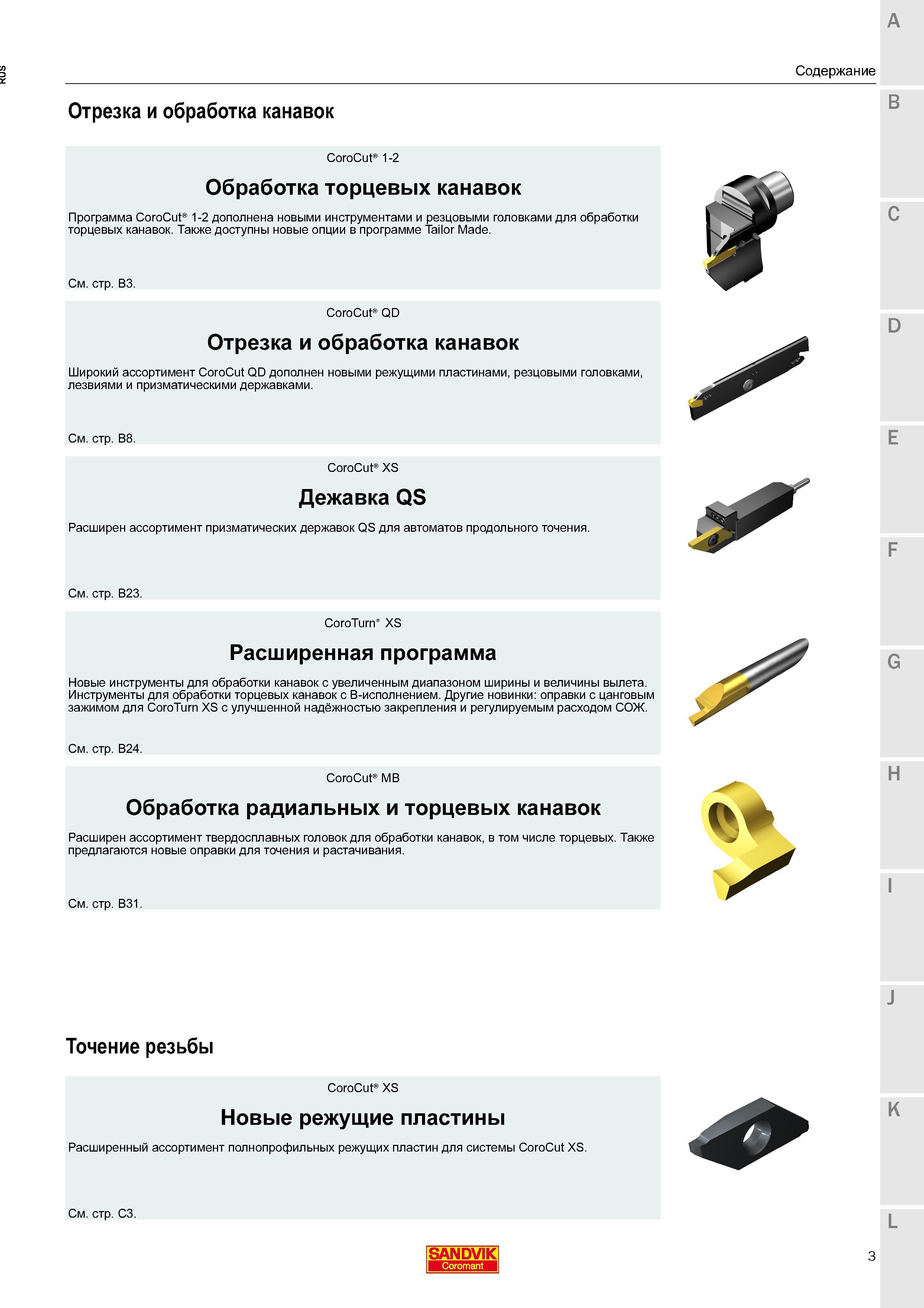 5 Обзор нового токарного металлорежущего инструмента Sandvik с режущими сменными твердосплавными пластинами для отрезки, обработки канавок и нарезки Каталог SANDVIK COROMANT 2016 Новые инструменты 16.1 для точения фрезерования сверления Инструментальная оснастка Стр. 3