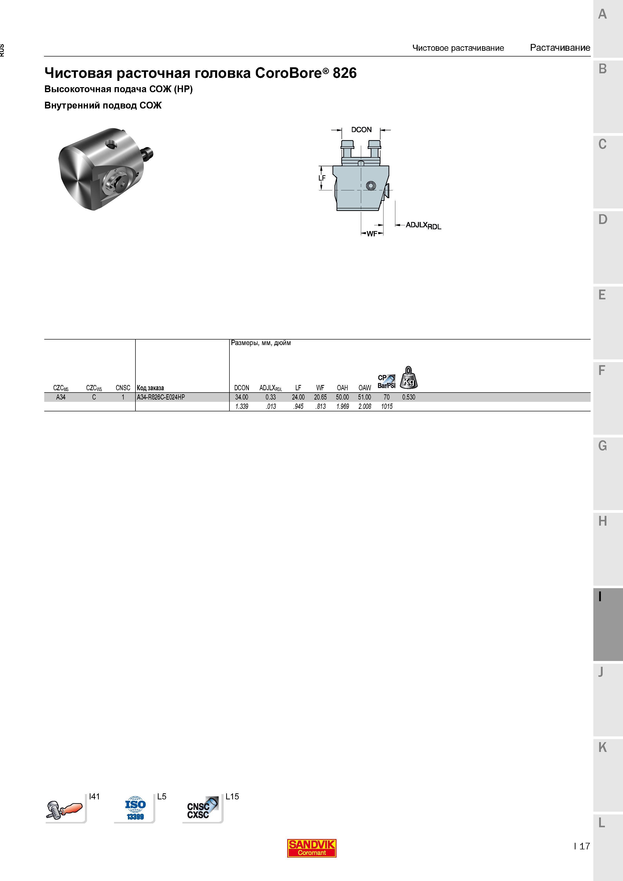 363 Чистовая расточная головка Sandvik Coromant CoroBore 826 Высокоточная подача СОЖ (HP) Внутренний подвод СОЖ Размеры мм дюйм Чистовое растачивание Каталог SANDVIK COROMANT 2016 Новые инструменты 16.1 для точения фрезерования сверления Инструментальная оснастка Стр. I17