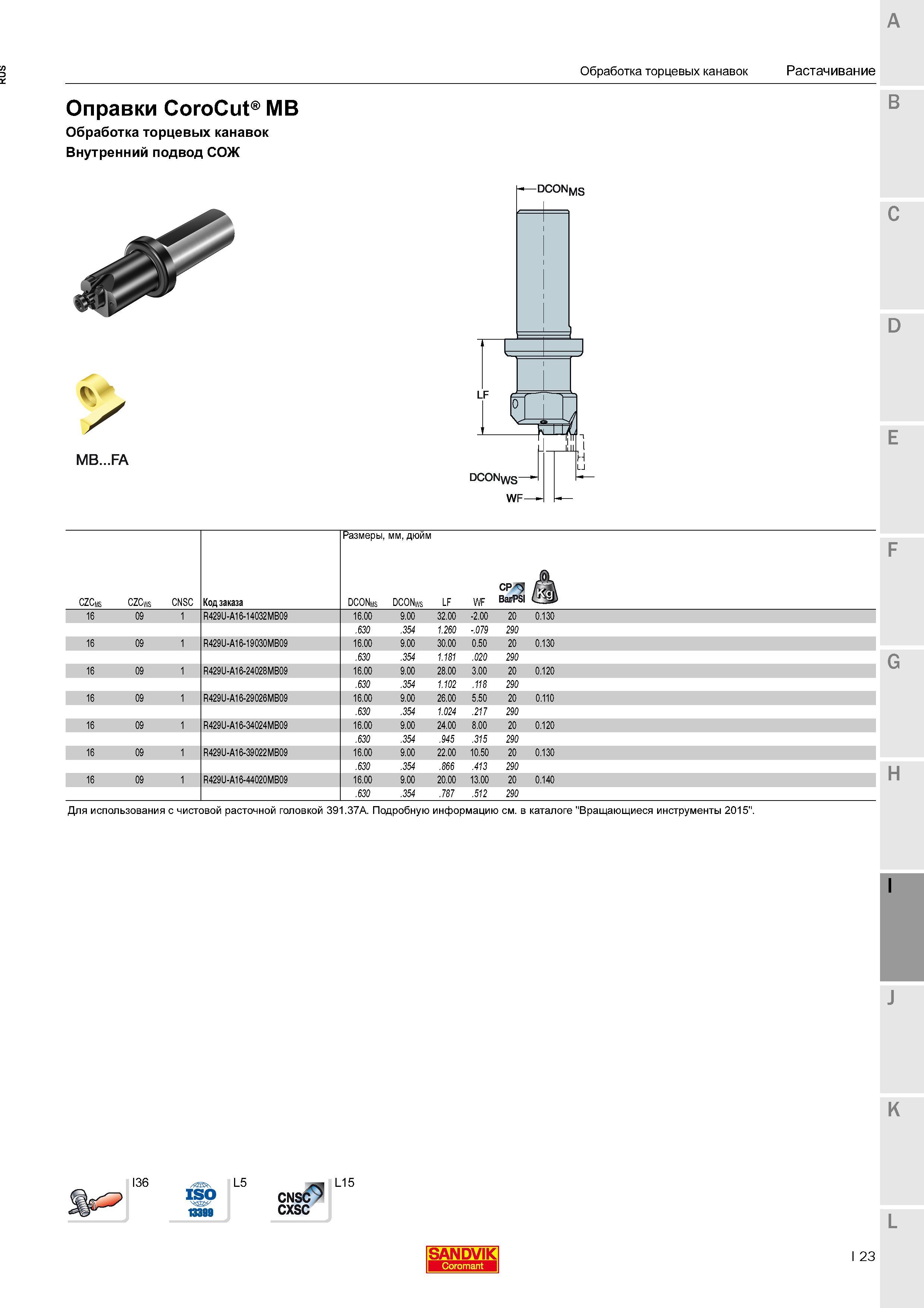 369 Оправки Sandvik Coromant CoroCut MB Обработка торцевых канавок Внутренний подвод СОЖ Для использования с чистовой расточной головкой 391 37A I36 L Каталог SANDVIK COROMANT 2016 Новые инструменты 16.1 для точения фрезерования сверления Инструментальная оснастка Стр. I23