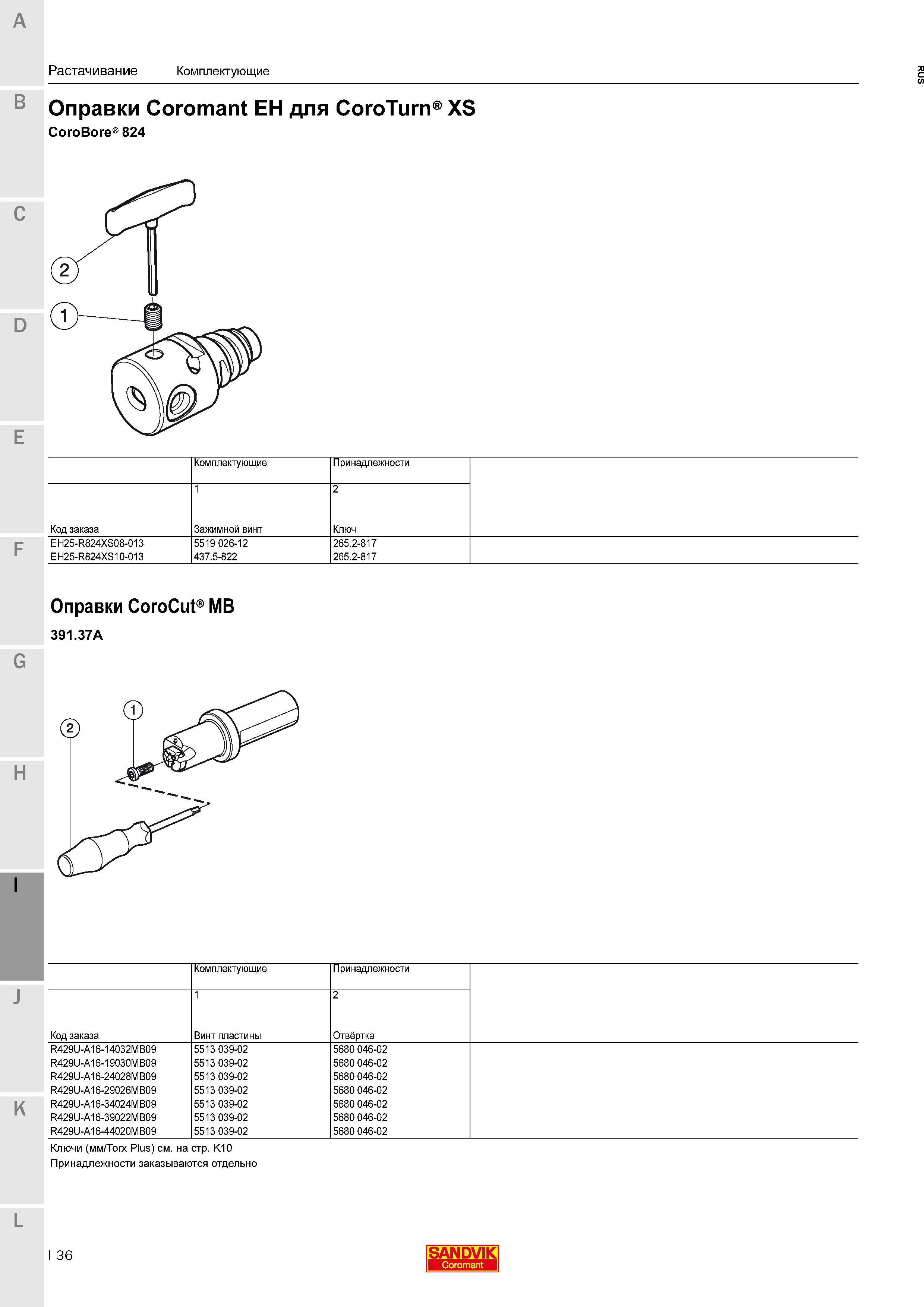 382 Оправки Sandvik Coromant EH для CoroTurn XS CoroBore 824 Комплектующие Принадлежности Код заказа Зажимной винт Ключ EH25-R824XS08-013 5519 026-12 Каталог SANDVIK COROMANT 2016 Новые инструменты 16.1 для точения фрезерования сверления Инструментальная оснастка Стр. I36