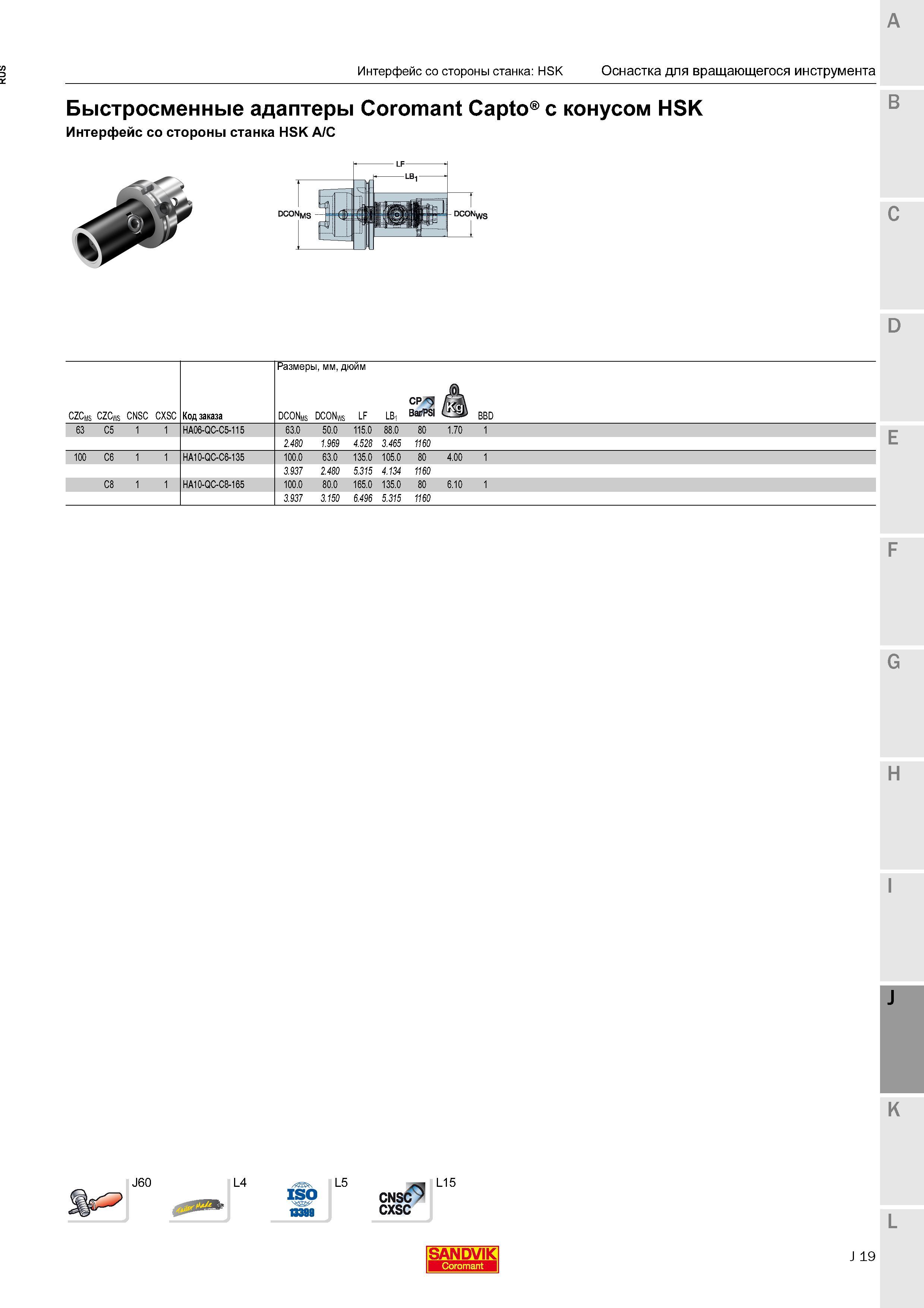 409 Быстросменные адаптеры Sandvik Coromant Capto с конусом HSK Интерфейс стороны станка HSK A C Код заказа Размеры мм дюйм SANDVIK Интерфейс стороны Каталог SANDVIK COROMANT 2016 Новые инструменты 16.1 для точения фрезерования сверления Инструментальная оснастка Стр. J19